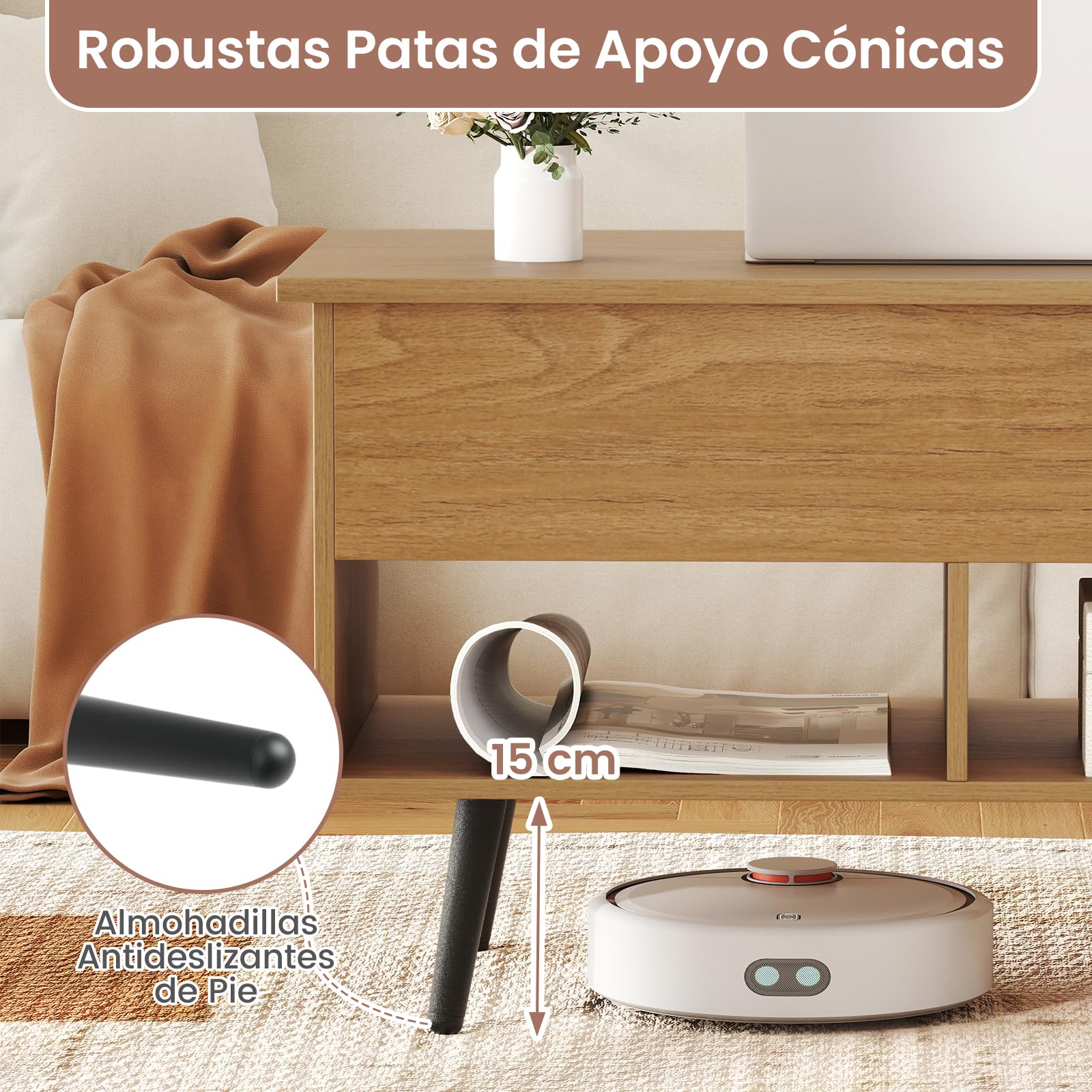 COSTWAY Mesa de Centro Elevable de Madera, Mesa de Cóctel Moderna con Compartimento Oculto & 2 Estantes Abiertos, para Salón, Sala de Recepción, Oficina (Natural)