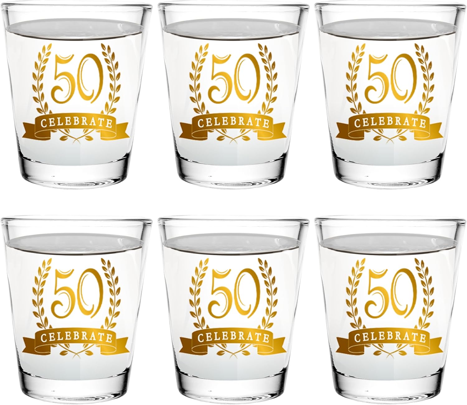50th Birthday Shot Glass Gift Set - 50th Gold Anniversary Party Decoration - 2oz Set of 6 - With Gift Box