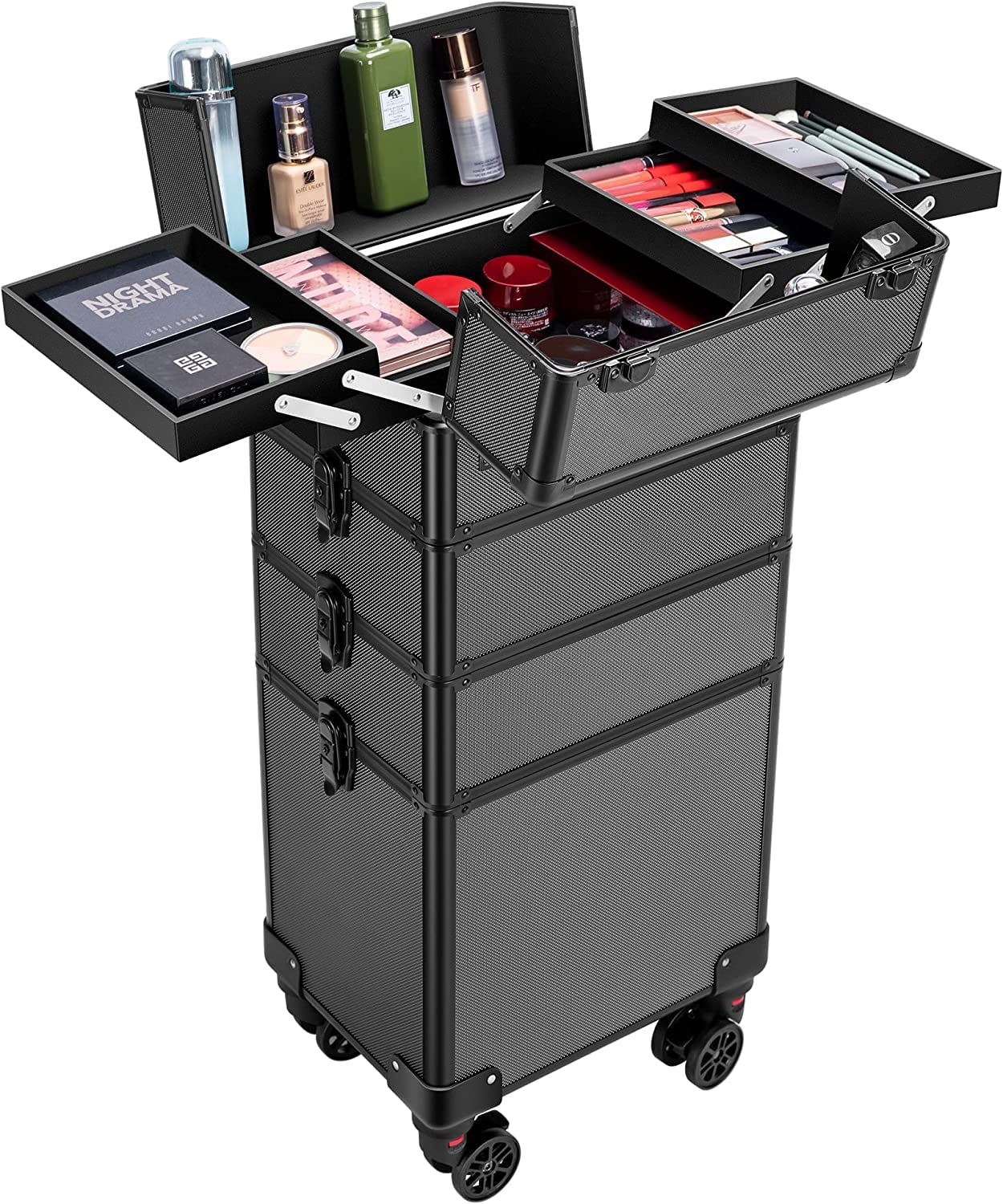 Sponsored Ad – Professional Makeup Train Case,Large 4-in-1 Makeup Trolley Case with Drawers, Portable Aluminum Cosmetic Organizer Lockable Travel Cosmetic Train Case with Wheels for Travel Makeup Nail Art
