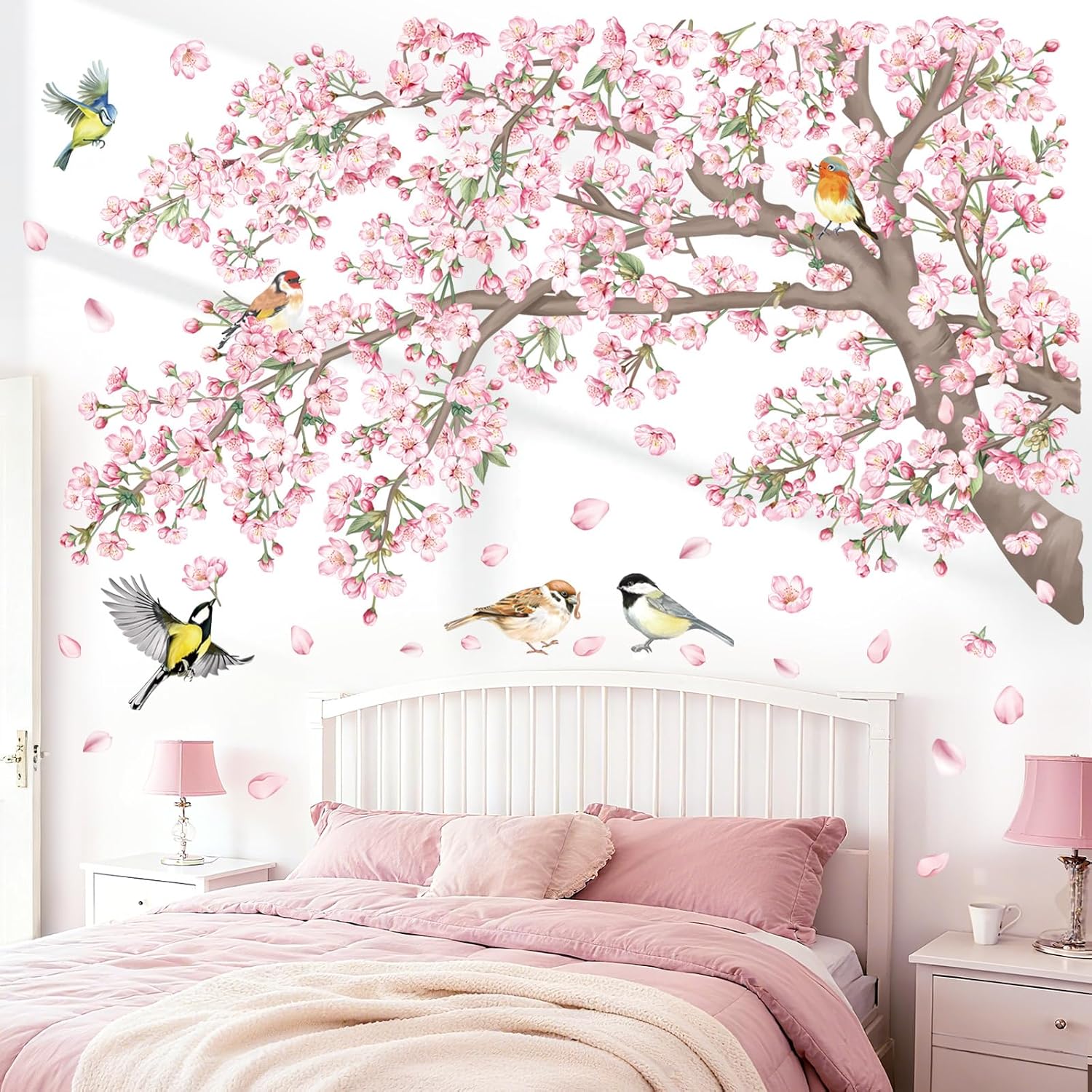 decalmile Large Cherry Blossom Tree Branch Wall Stickers Pink Floral Birds Wall Decals Baby Nursery Bedroom Living Room Home Decor