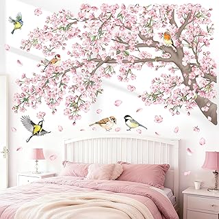 decalmile Large Cherry Blossom Tree Branch Wall Stickers Pink Floral Bir...