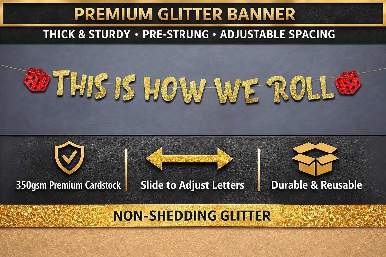 Pre-Strung This Is How We Roll Casino Themed Glitter Banner - Bachelorette Party Decorations for Her - Party Supplies, Favors and Gifts image 3