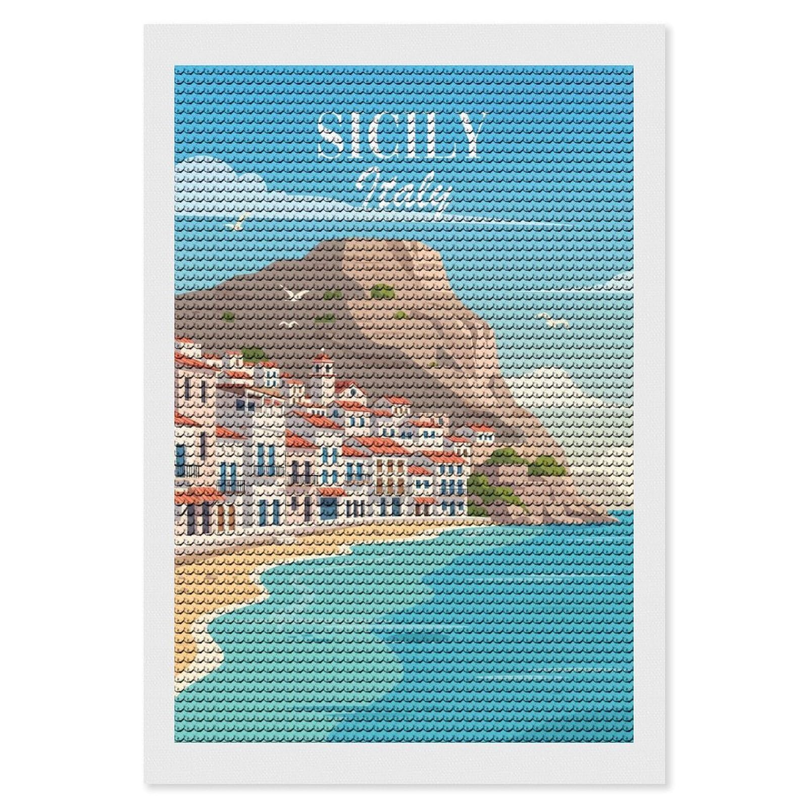 Junmoney Sicily, Italy Coastal Town Diamond Art Canvas 8"x12", for Creative Relaxation, Simple to Start, Aesthetic Room Decor, Holiday Gift Idea
