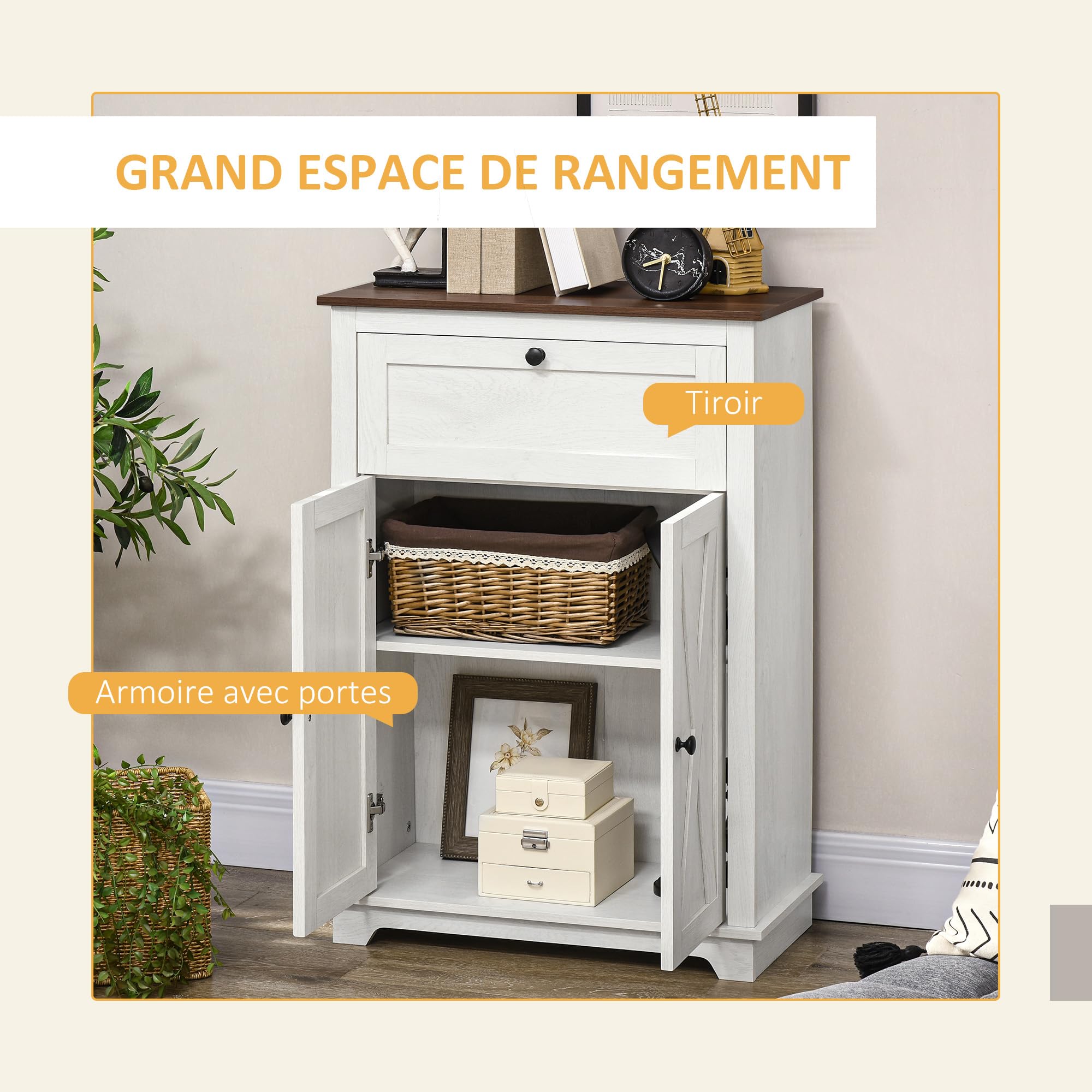 HOMCOM Buffet de Cuisine Multi-rangements 2 Portes avec étagère réglable, 1 tiroir, Design Campagne, pour Salon, Chambre et Cuisine, 60 x 30 x 87,5 cm, Blanc