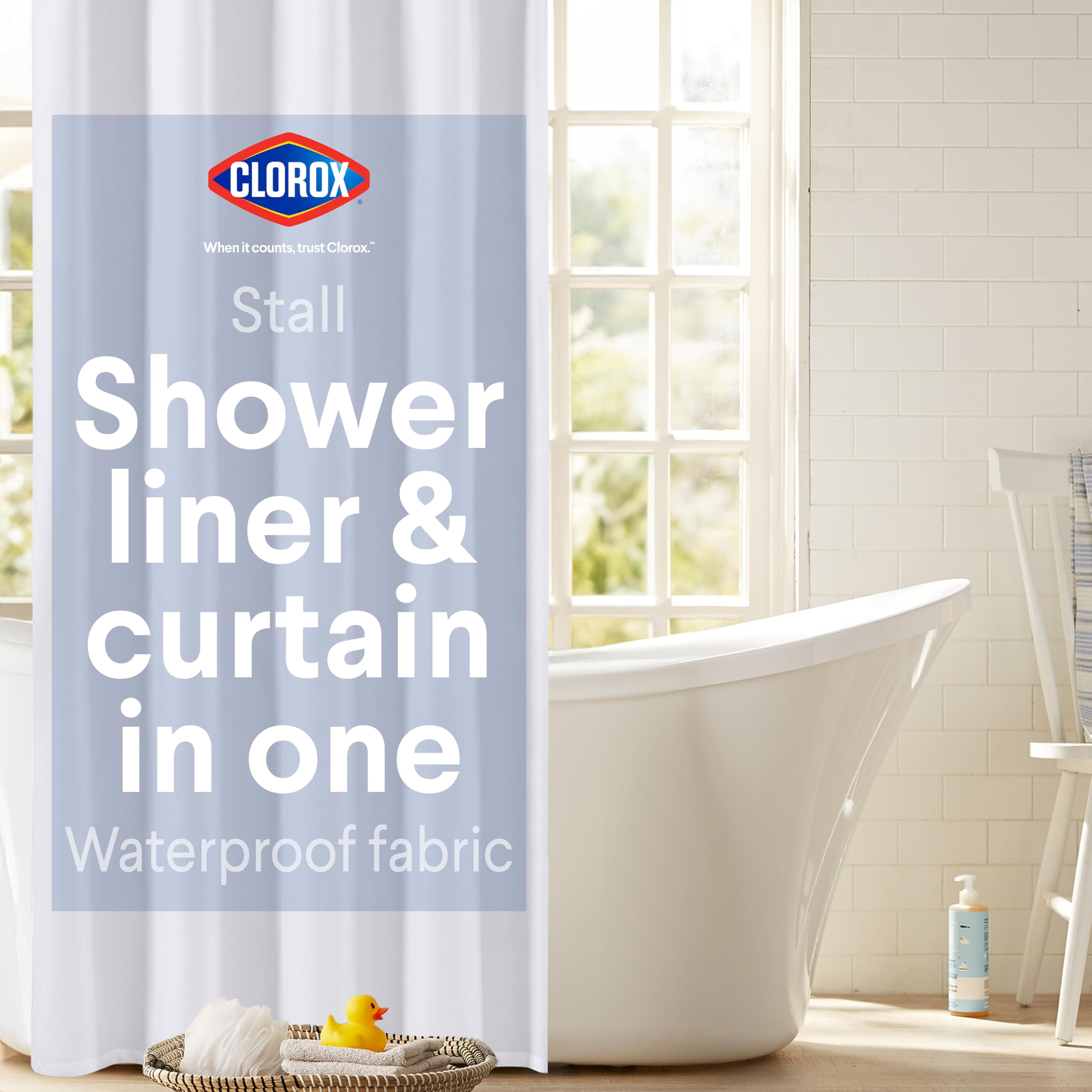 CLOROX 2-in-1 Bathroom Shower Curtain Liner, Durable Fabric, Weighted Magnets for Bath Water Control, Washable Premium Quality, Modern - 54