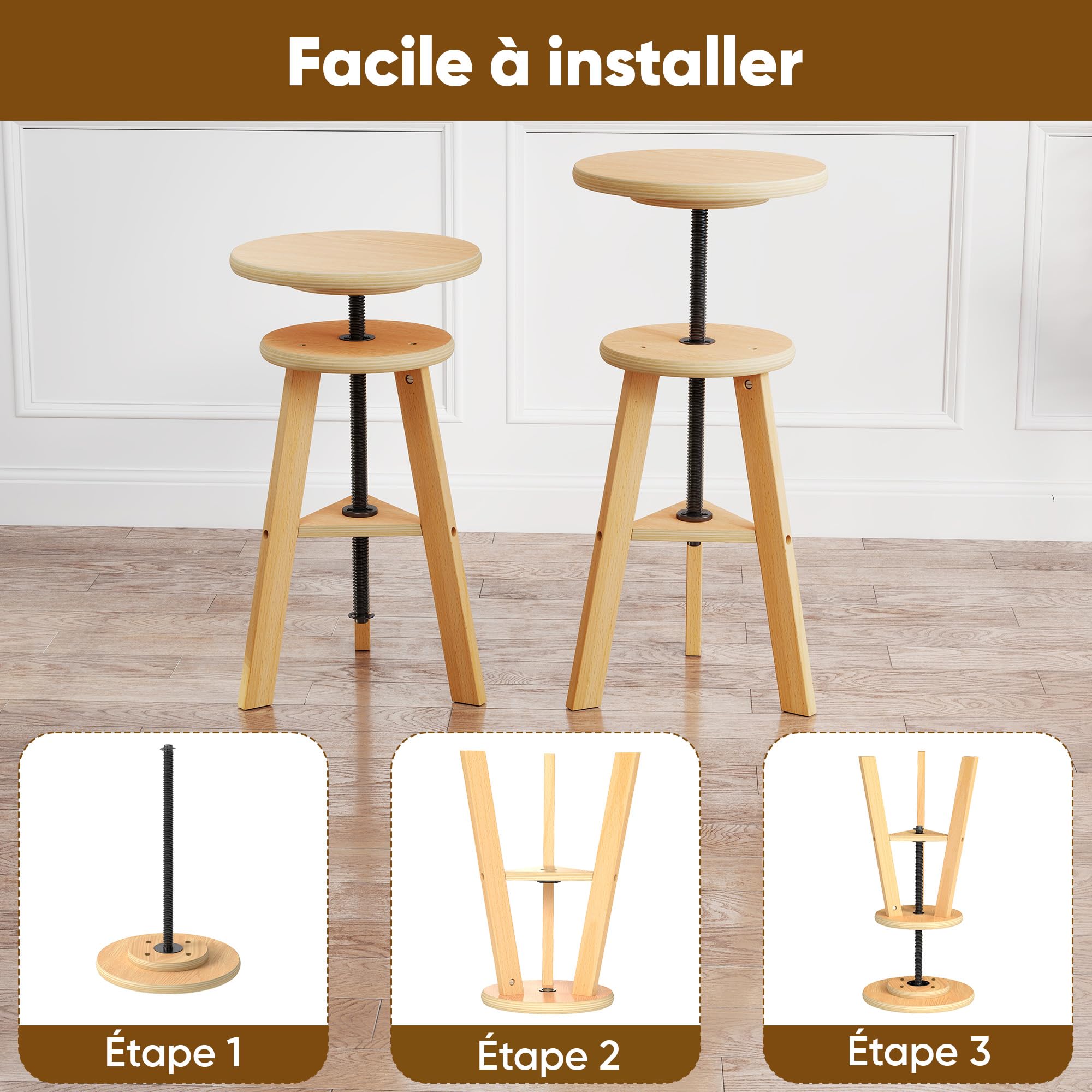 Tabouret Bois Hêtre Réglable en Hauteur 30 cm pour Artiste Dessin Studio Bar Cuisine