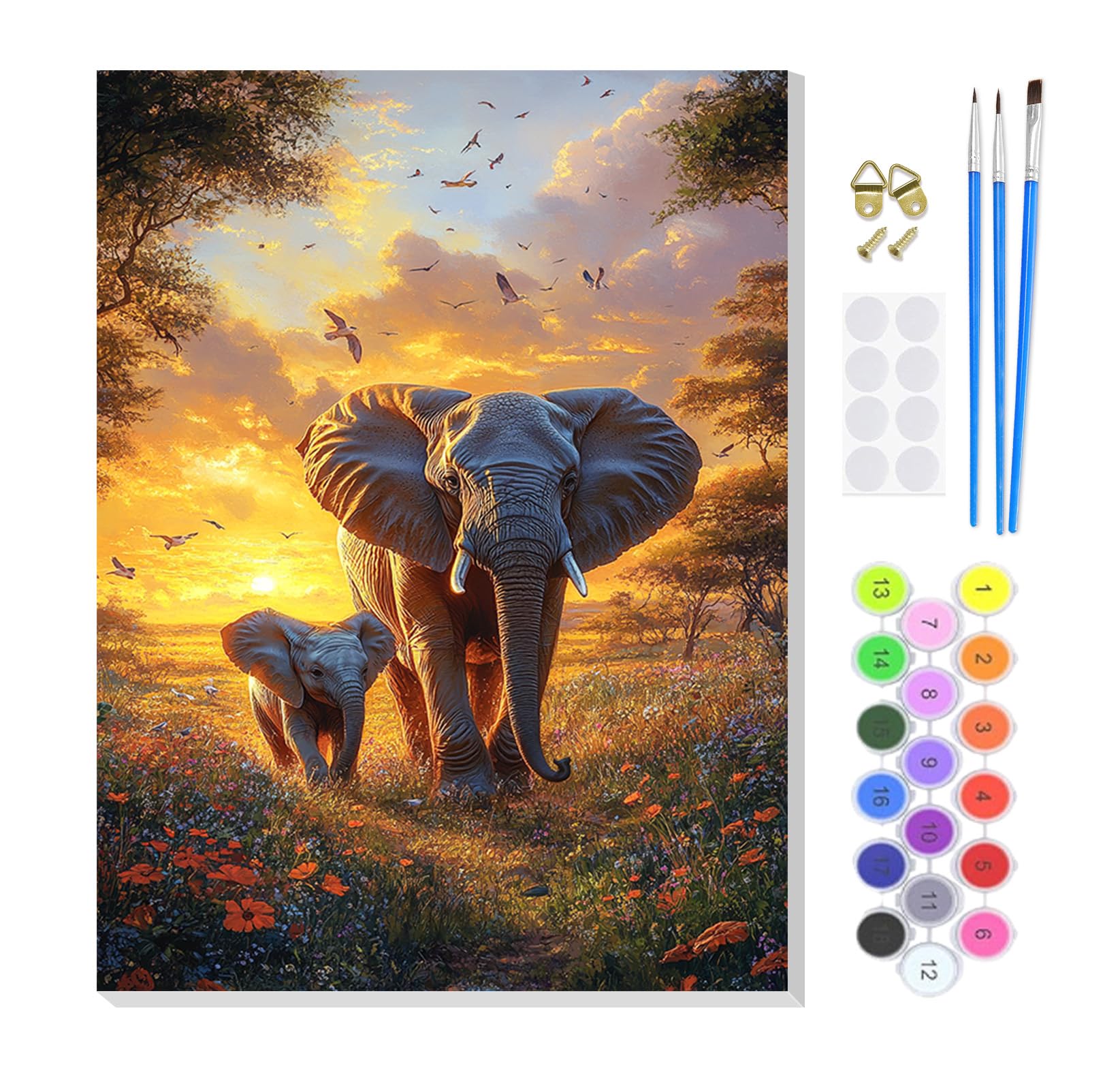 KEYIFA Paint by Numbers for Adults on Framed Canvas,Sunset Elephant Painting by Number Canvas Kits with Acrylic Paint Brushes, DIY Craft Oil Painting Art Kits for Adults, Home Wall Decor 20x30cm