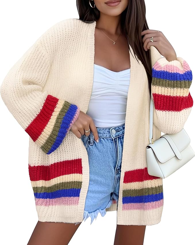 BB&amp;KK Womens Long Cardigan Sweaters Striped Color Block 2025 Fall Long Lantern Sleeve Knit Open Front Sweater Outerwear