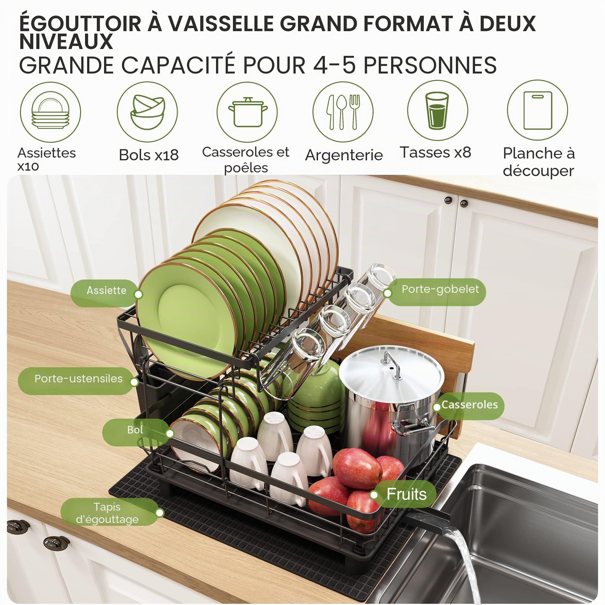 Boosiny Egouttoir Vaisselle, Egoutoire Vaisselle Cuisine en Acier Inoxydable Grand Format avec Porte-Gobelets, Égouttoir à Vaisselle Porte-Ustensiles et Drainage Automatique, Noir, 2 Niveau