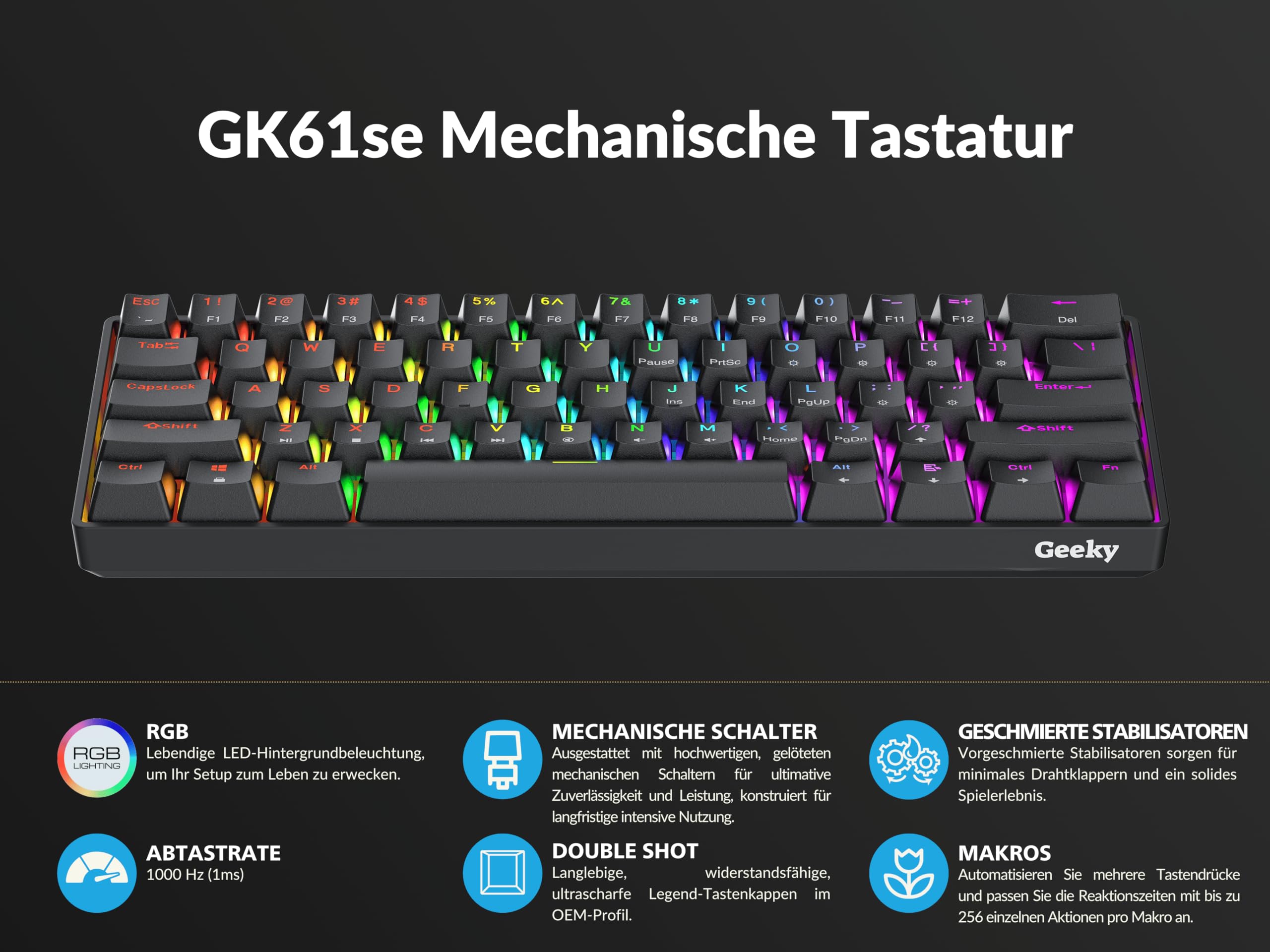 Geeky GK61 SE 60% | Mechanische Gaming-Tastatur | 62 Tasten Multi Color RGB LED Hintergrundbeleuchtung für PC/Mac Gamer| ISO DE Qwertz Deutsches Layout (Schwarz, Mechanical Brown)