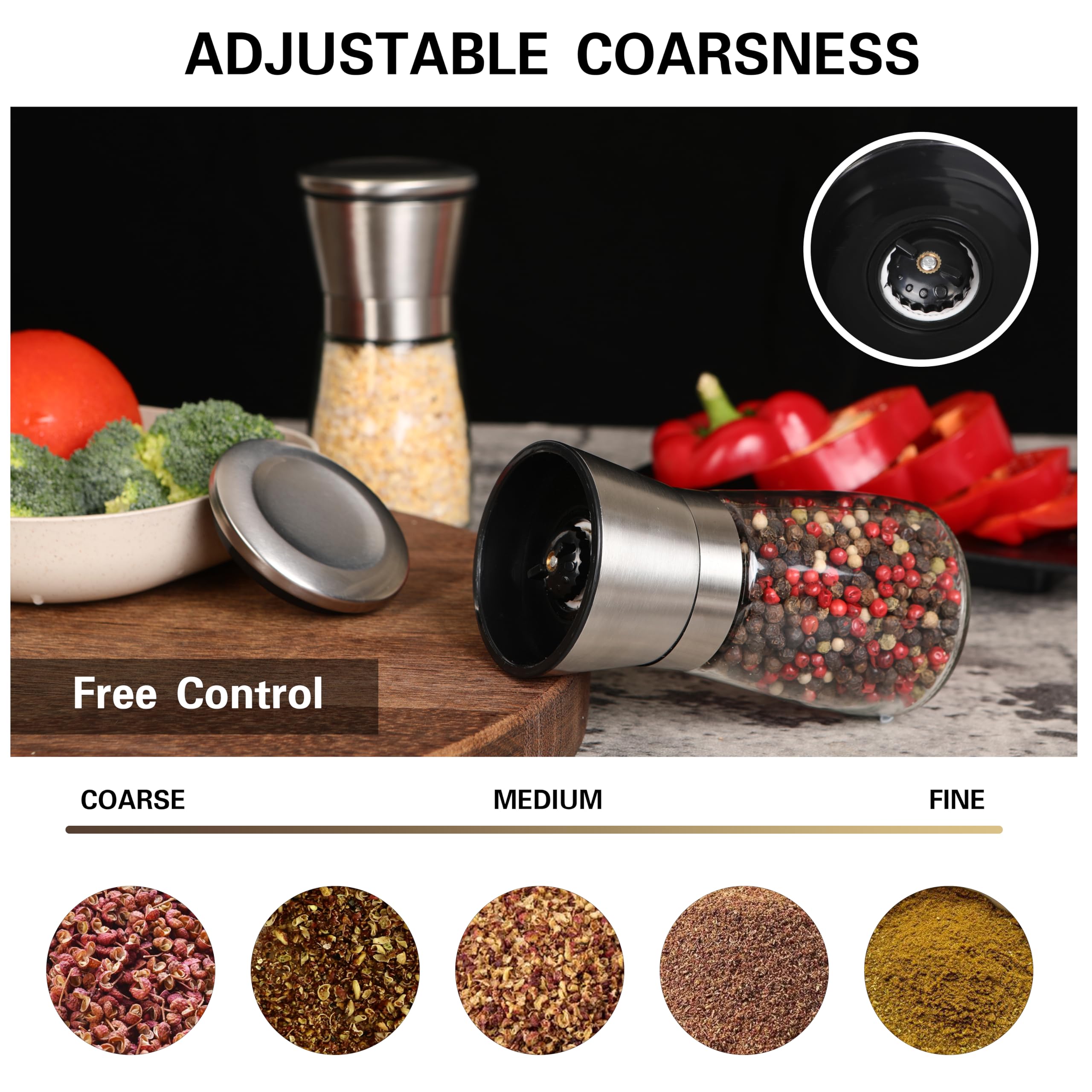 Salt and Pepper Grinder Set Refillable, Salt Pepper Grinder Shaker Stainless Steel Glass Pepper Mill with Adjustable Coarseness — Amazon image 3