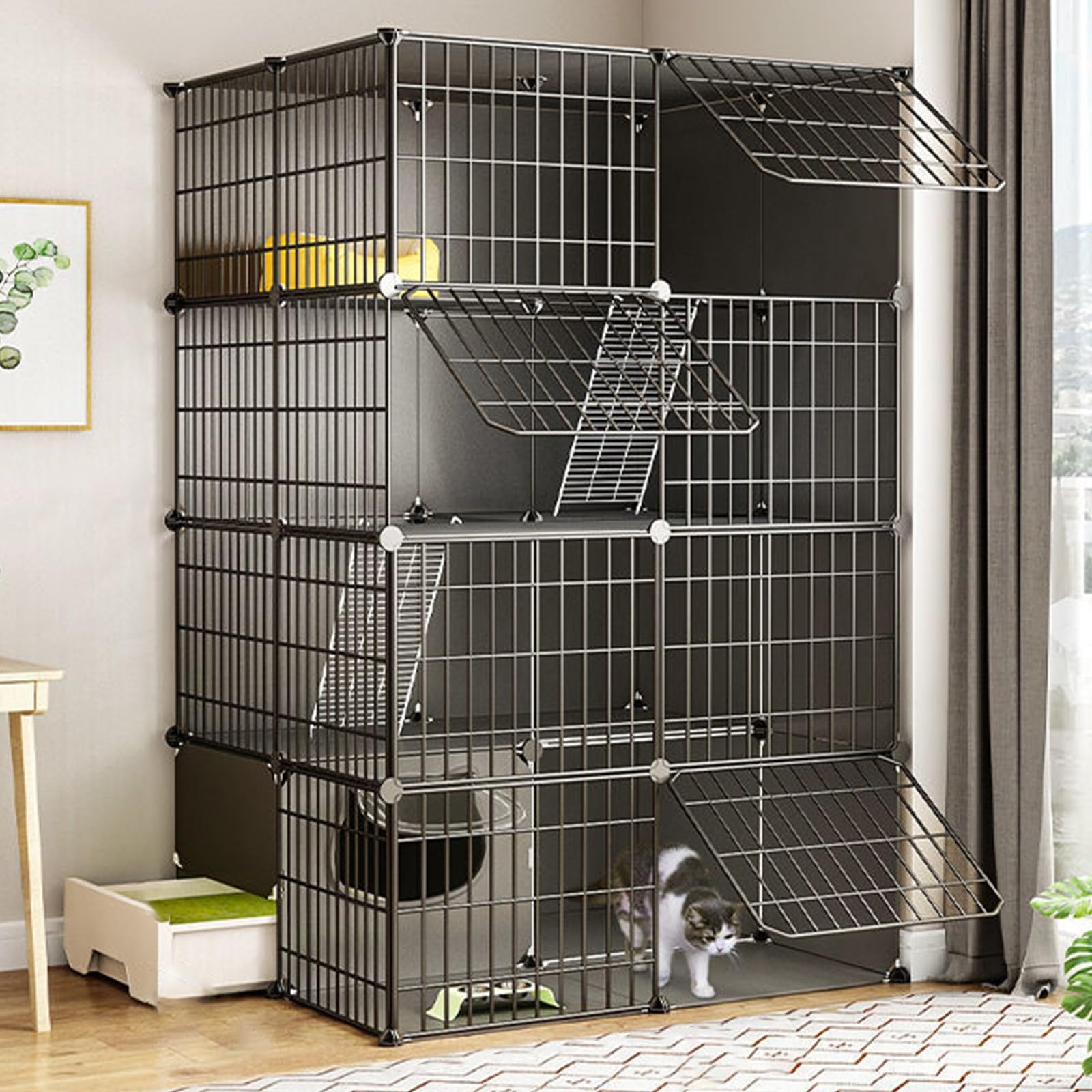 Cage pour chat grande taille modulable avec bac à litière et plateformes de repos