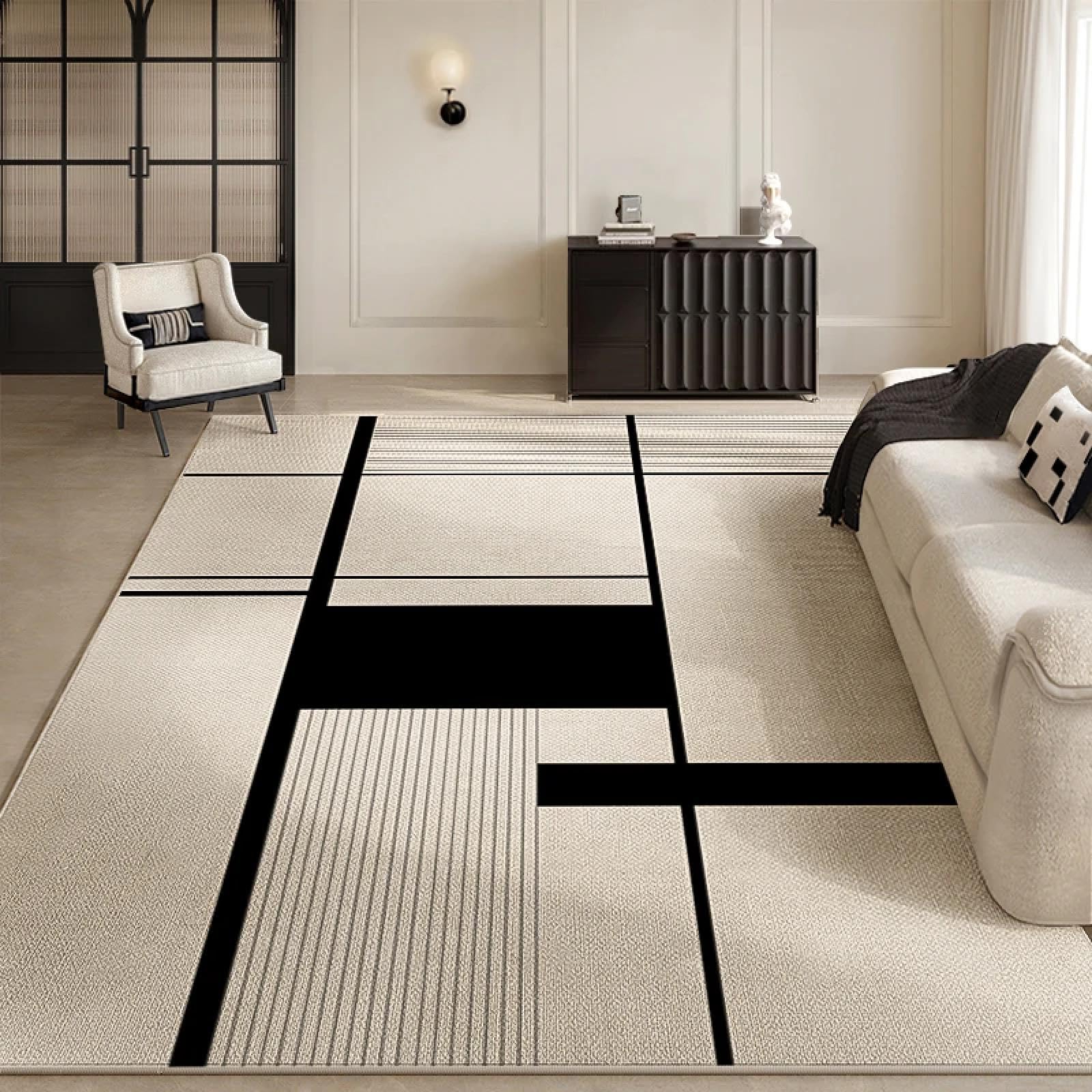 Tapis de salon bouclé noir et blanc 160x230 cm à lignes géométriques