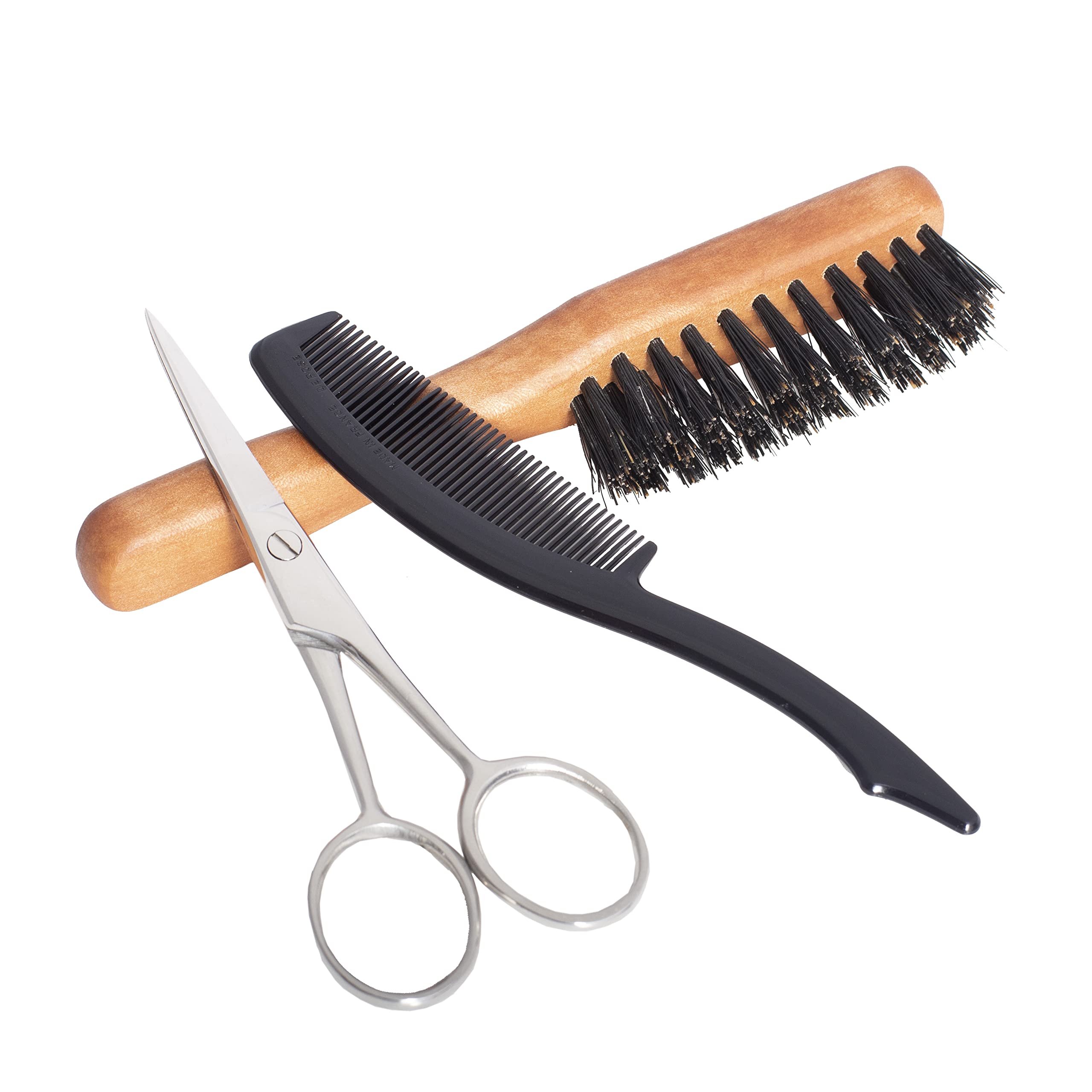 Set Entretien Barbe et Moustache - Ciseaux + Brosse + Peigne + Étui en Tissu - Fabrication Française