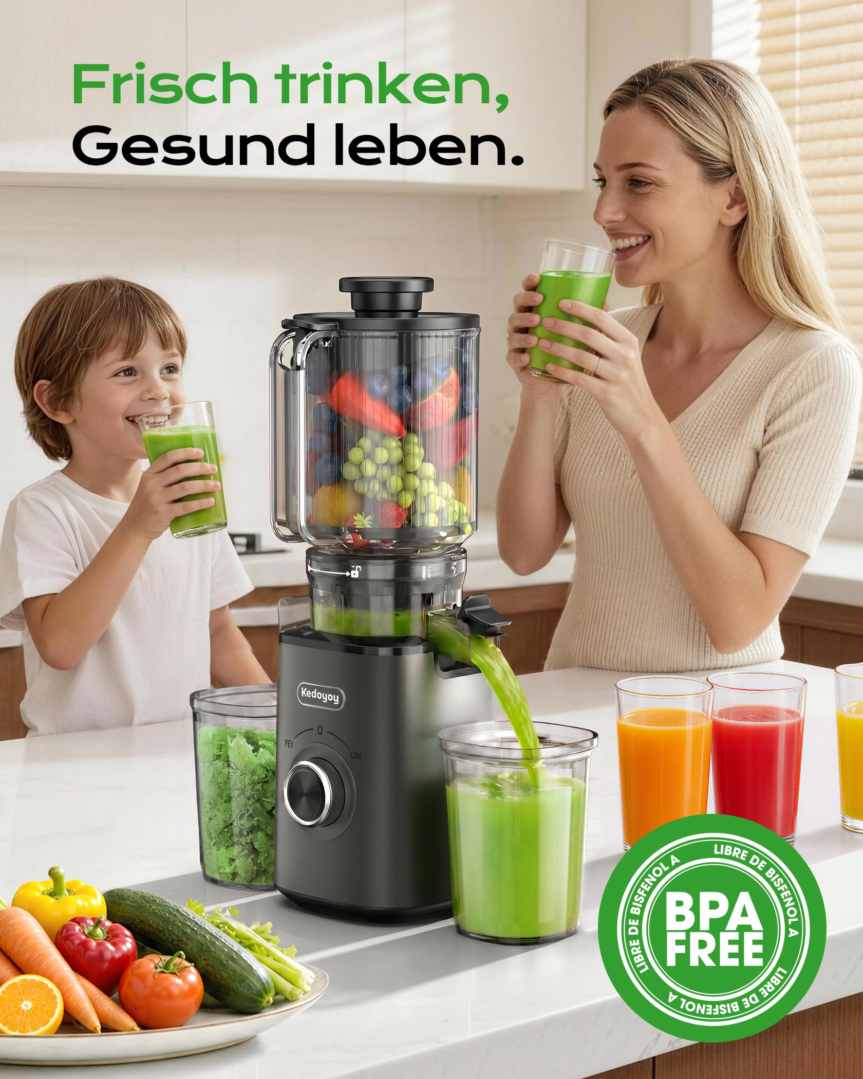 Entsafter Gemüse und Obst Testsieger, Slow Juicer mit 130 MM XL-Einfüllschacht, 600 mL Saftbehälter, Elektrische Juicer Machine für Familien, Gesundheitsbewusste