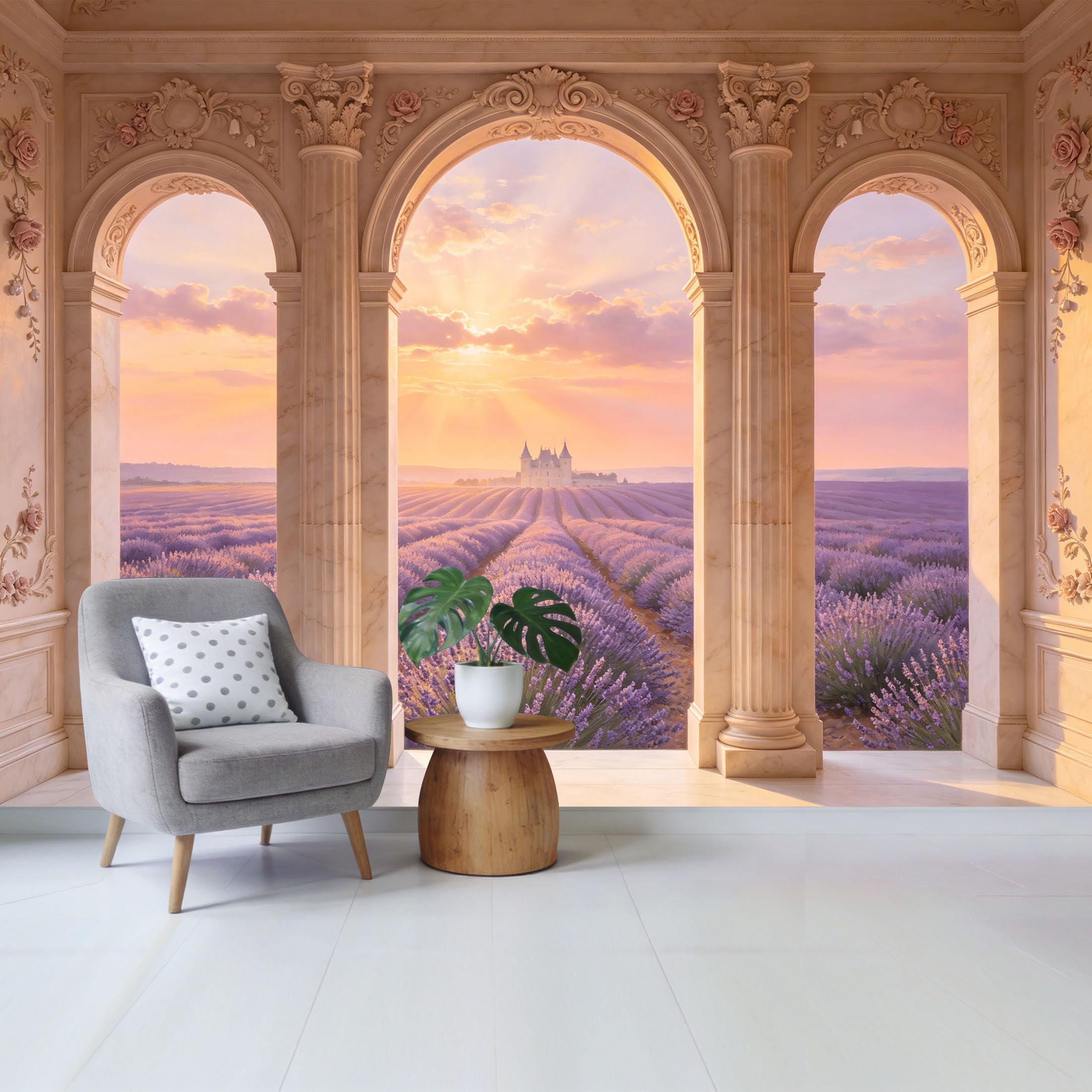 Removable Self Adhesive Fabric Mural， Neoclassical Marble Arch Lavender Field Castle Custom Size Wall Covering， UV Protected Waterproof Washable Wall Decor for Living Room Bedroom Bathroom