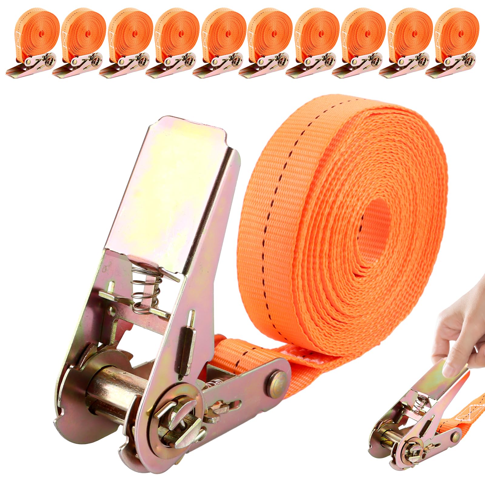 YOUNTHYE 10 Pièces Sangles d’Arrimage à Cliquet 6 m x 25 mm, Sangles de Serrage Orange sans Crochet, Boucle en Alliage de Zinc pour Moto, Remorque, Voiture, Bagages, Toit de Voiture et Déménagement