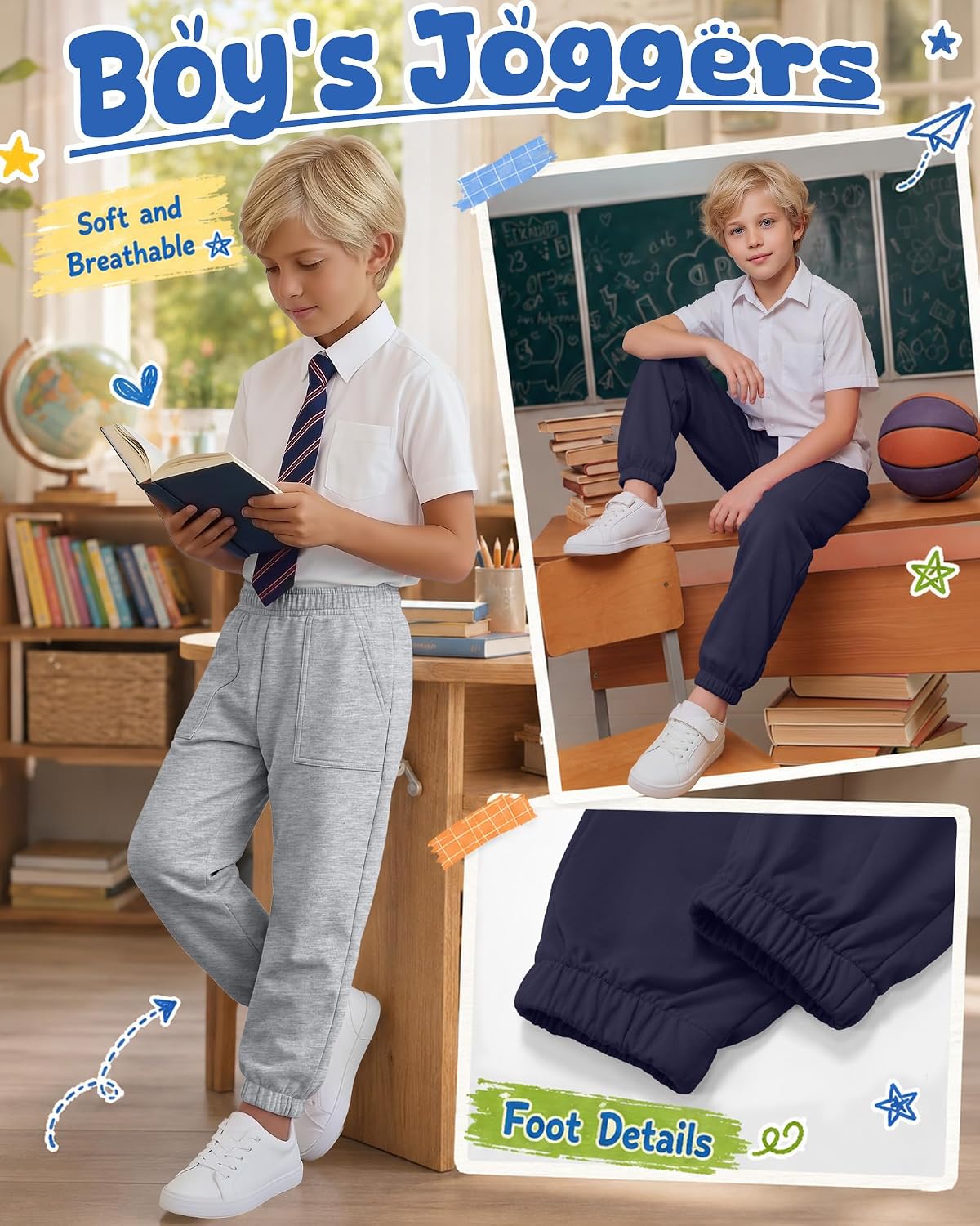 Yooo's Vivi 3 Pack Boys' Sweatpants Baggy Elastic Waist Joggers Kids Casual Wide Leg Straight Athletic Pants with Pockets