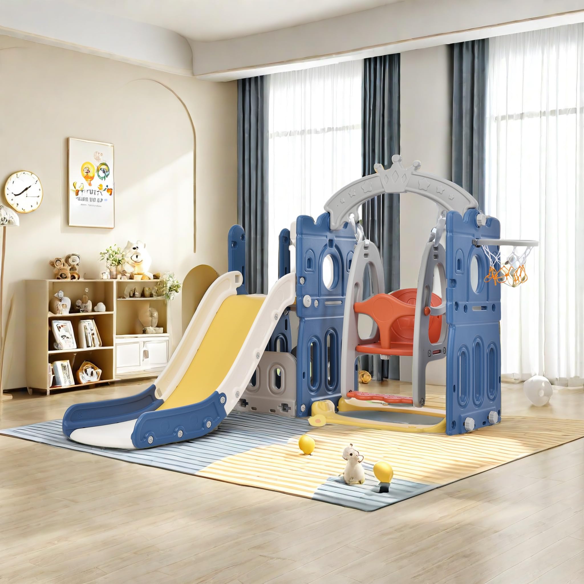 Tobogán infantil 6 en 1 para exterior e interior, tobogán para bebés con canasta de baloncesto, escalera de escalada, tobogán para el jardín, parque infantil para jardín de 1 a 3 años