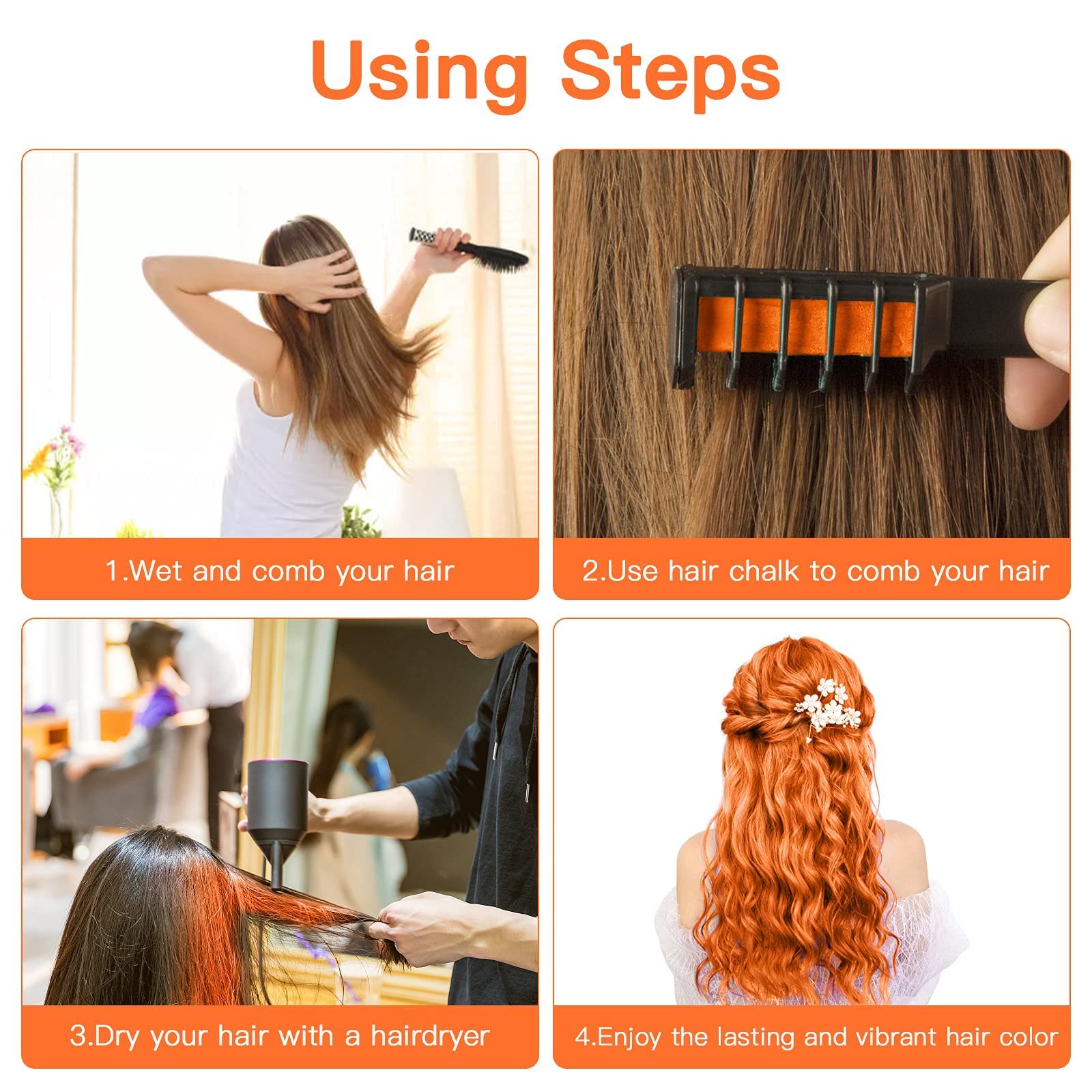 Pettini per capelli per ragazze,idea regalo temporaneo per bambini,regalo di compleanno per bambini per età 4,5,6,7,8,9,10-12, colore lavabile, per festa di Pasqua, cosplay fai da te (arancione)