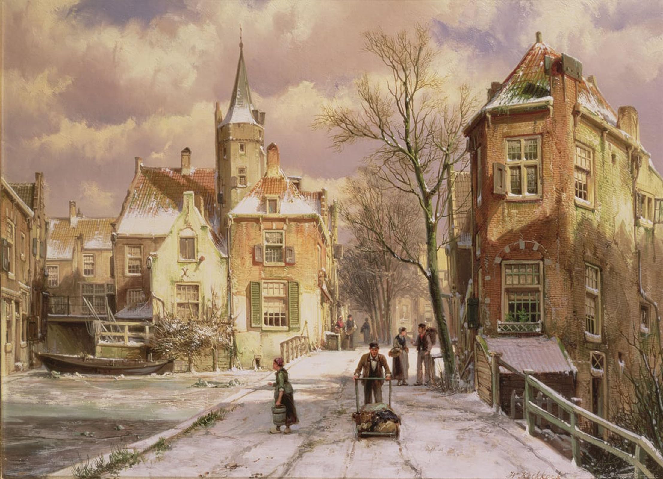 ARTXLXXBN Famous Print Painting Colorful Art Print Pushing a Wheelbarrow in the Snow by Willem Koekkoek Canvas Art Decorations for Home Decor 60x90cm