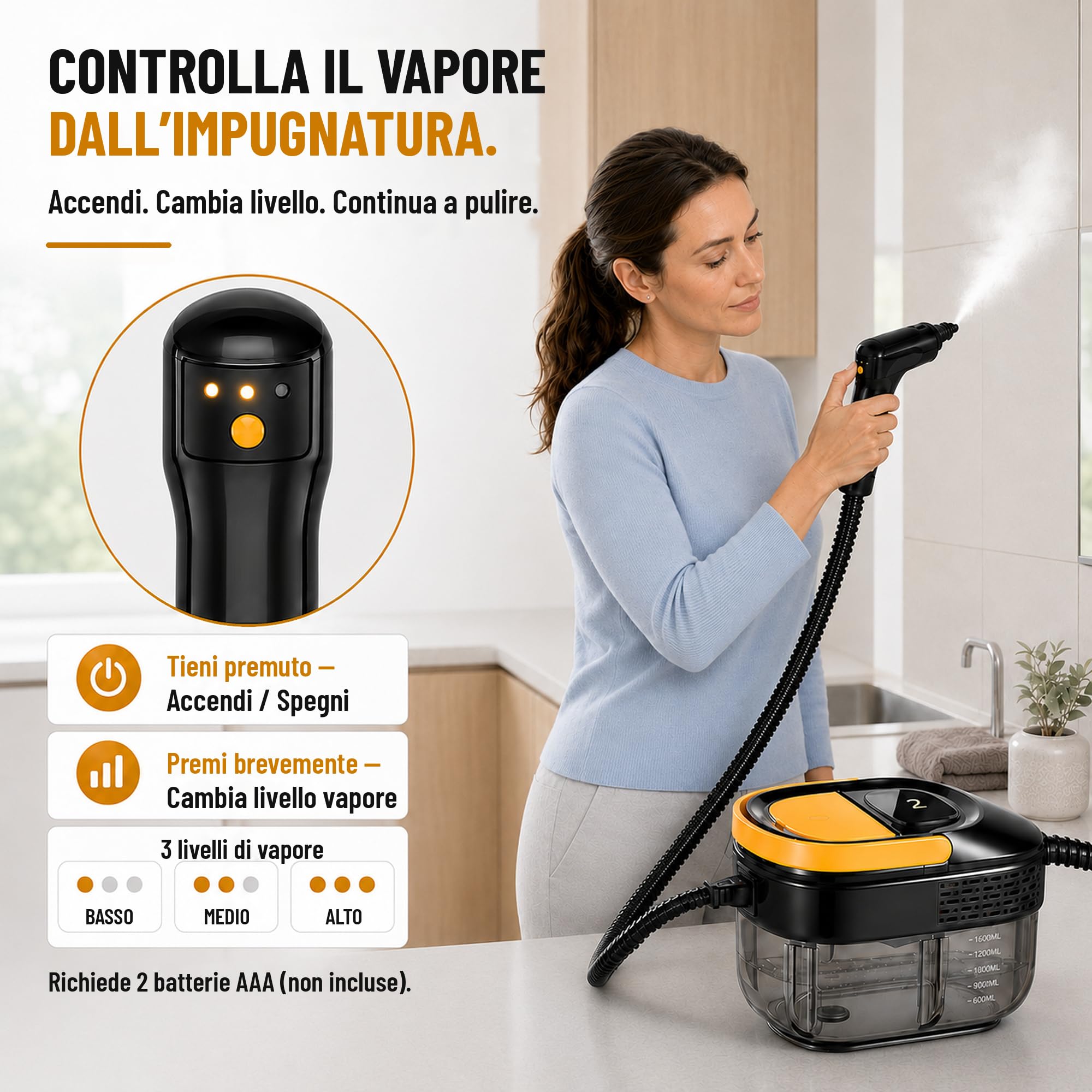 Pulitore a Vapore Portatile 17-in-1, Casa&Auto, Tempo Riscaldamento 10s, Serbatoio 1600ml, 3 Livelli Vapore Regolabili su Impugnatura, Raggio 4,5m, Accessori: Cucina, Bagno, Pavimenti, Finestre, Auto