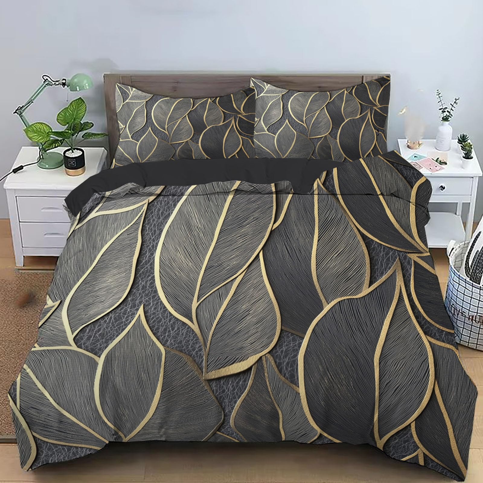 Housse de couette microfibre 220x240 avec parure de lit 3 pièces grise motif feuille