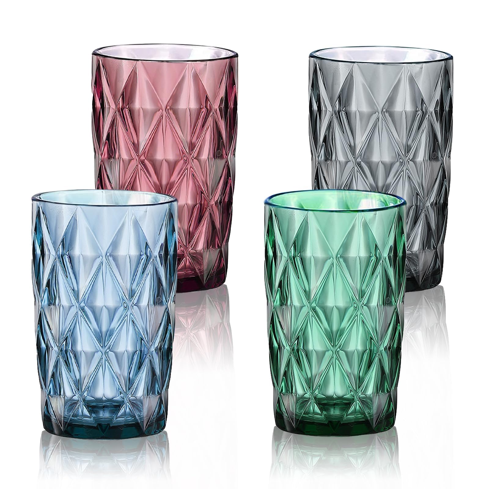 Vintage Wassergläser 4er Set Grün | 380ml Mit Blumen-Relief - Spülmaschinenfest