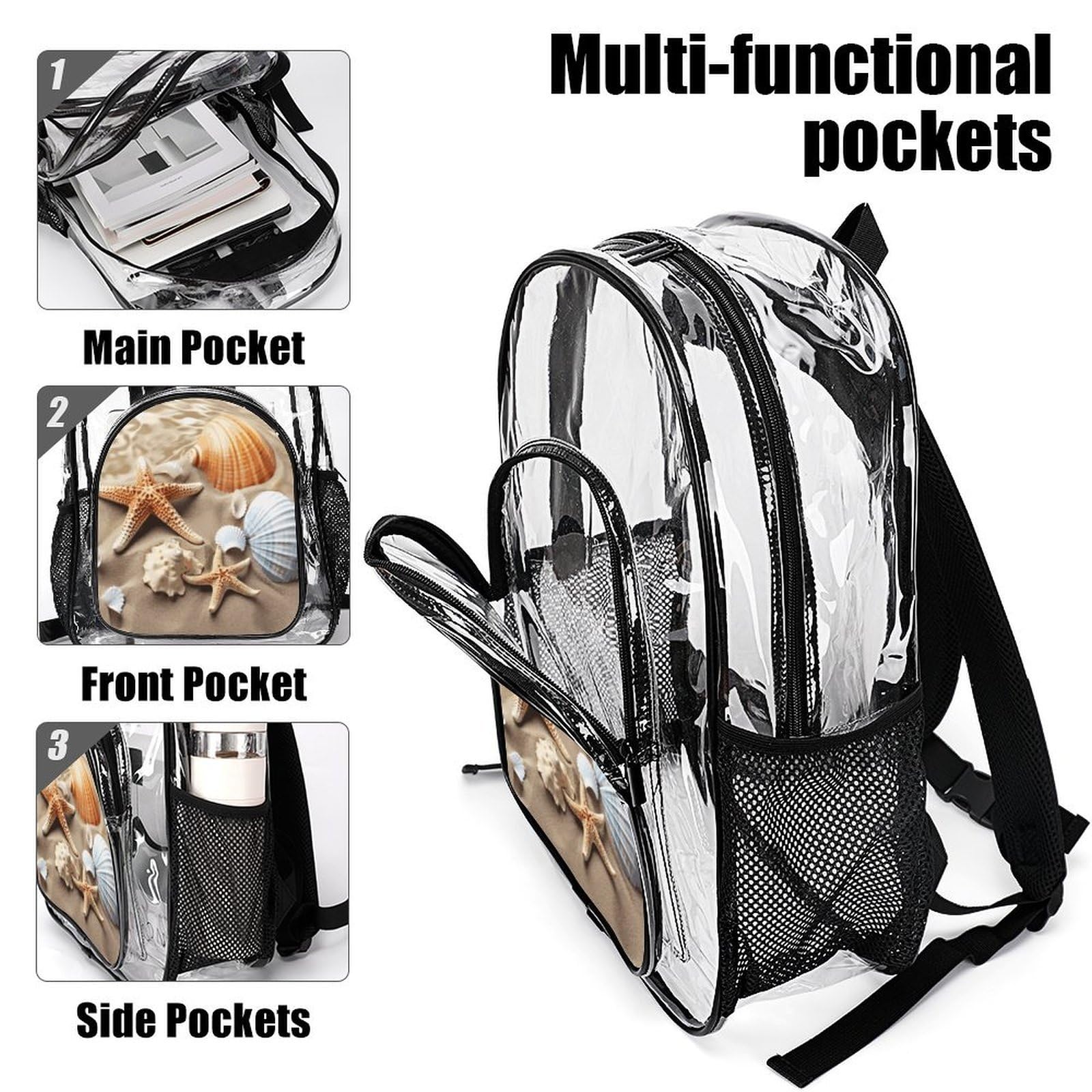 Transparenter Rucksack mit Muscheln, Seestern, groß, transparent, PVC, Büchertasche für Sicherheit, Arbeit, Reisen, Stadion
