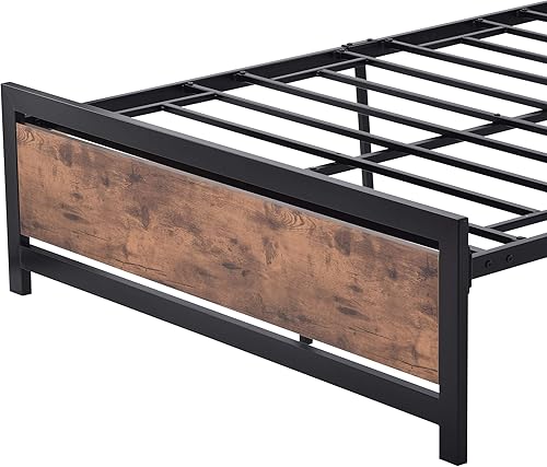 Miniatura 6 de Polibi Cama de plataforma de tamaño matrimonial, marco de cama de metal y madera con cabecero y estribo, no necesita somier (negro, matrimonial)