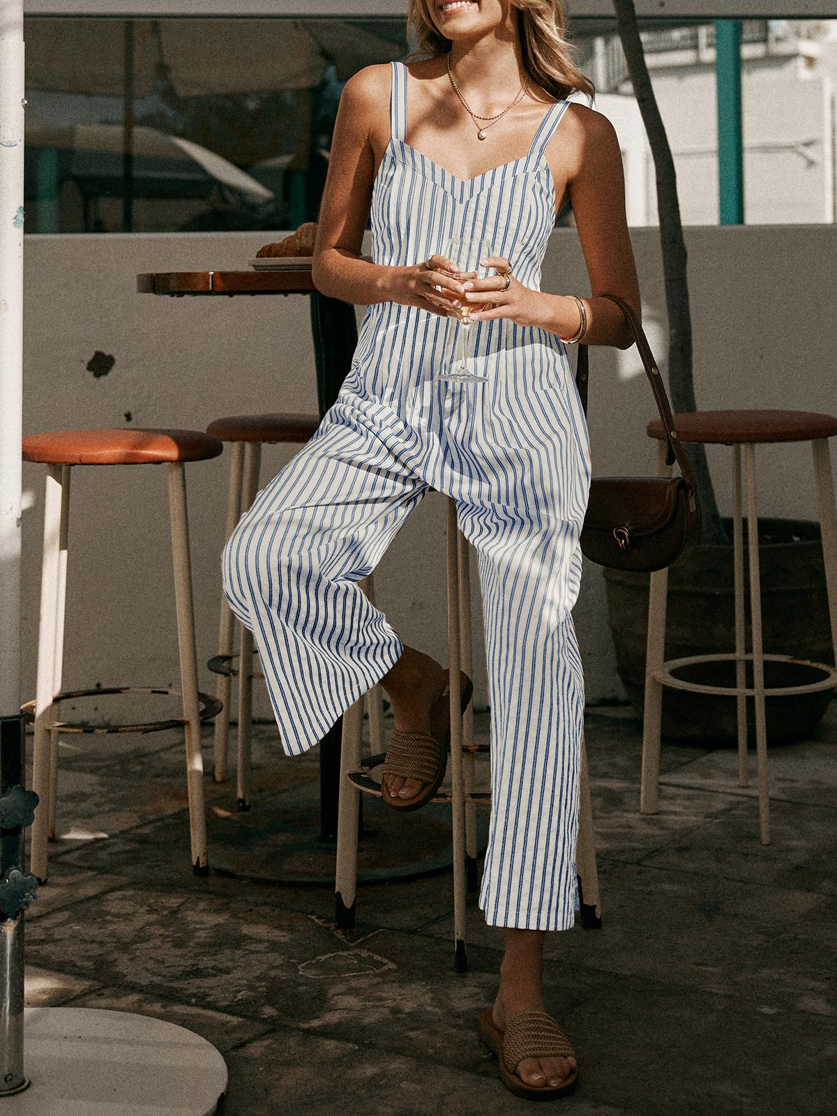 CUPSHE Damen Jumpsuit Gestreift Ärmellos Overall Gesmokt Cutout Strampler Weites Bein Lang Playsuit Sommer Lose Hosenanzug