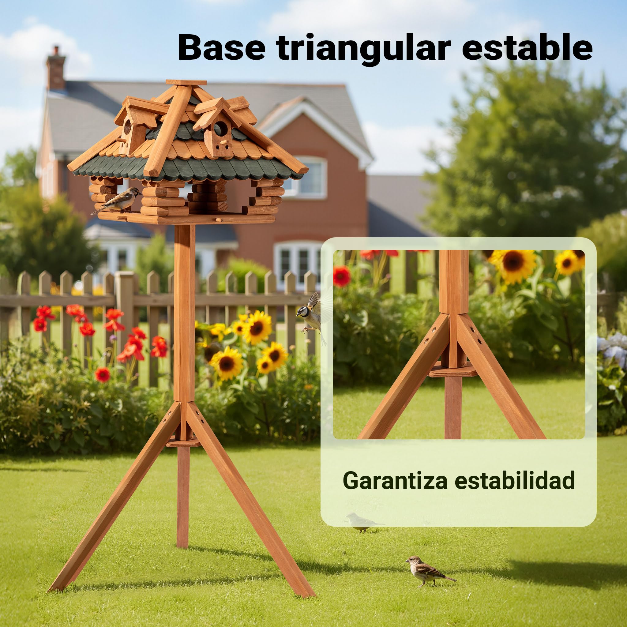 Comedero para pájaros con Soporte 115cm Madera de Abeto casa Aves alimentación alimentador