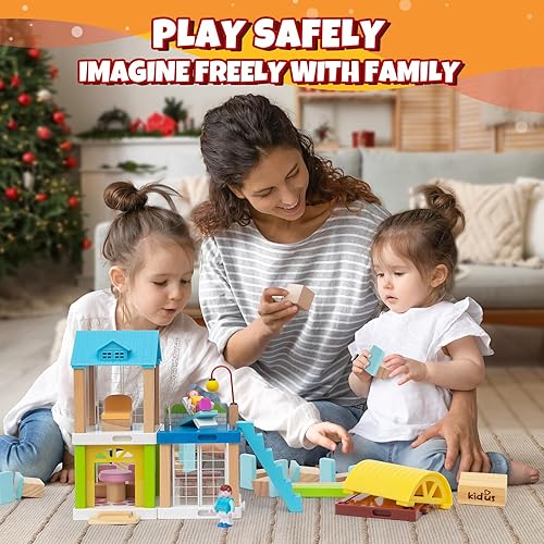 Miniatura 3 de Juego de casa de muñecas de madera pequeña de 42 piezas, casa de juguetes familiares para 4 habitaciones con 4 muñecas móviles, accesorios de