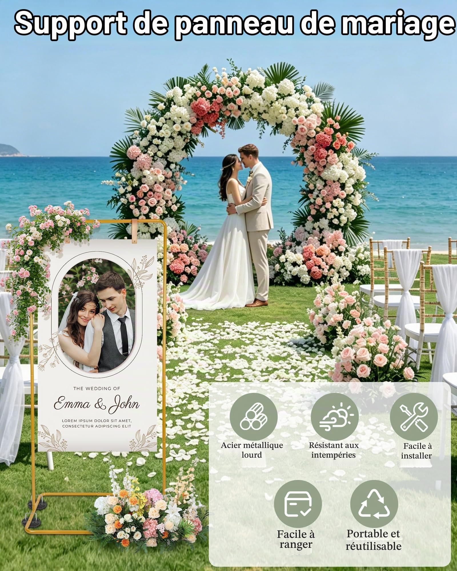 Support Pour Pancarte Bienvenue Mariage 175cm 3 Hauteurs Réglables Support Décoratif Pour éVénement il est Livré Avec 2 Lanières Cuir et 2 Clips Pour la Décoration les Affiches et les Fêtes (Doré)