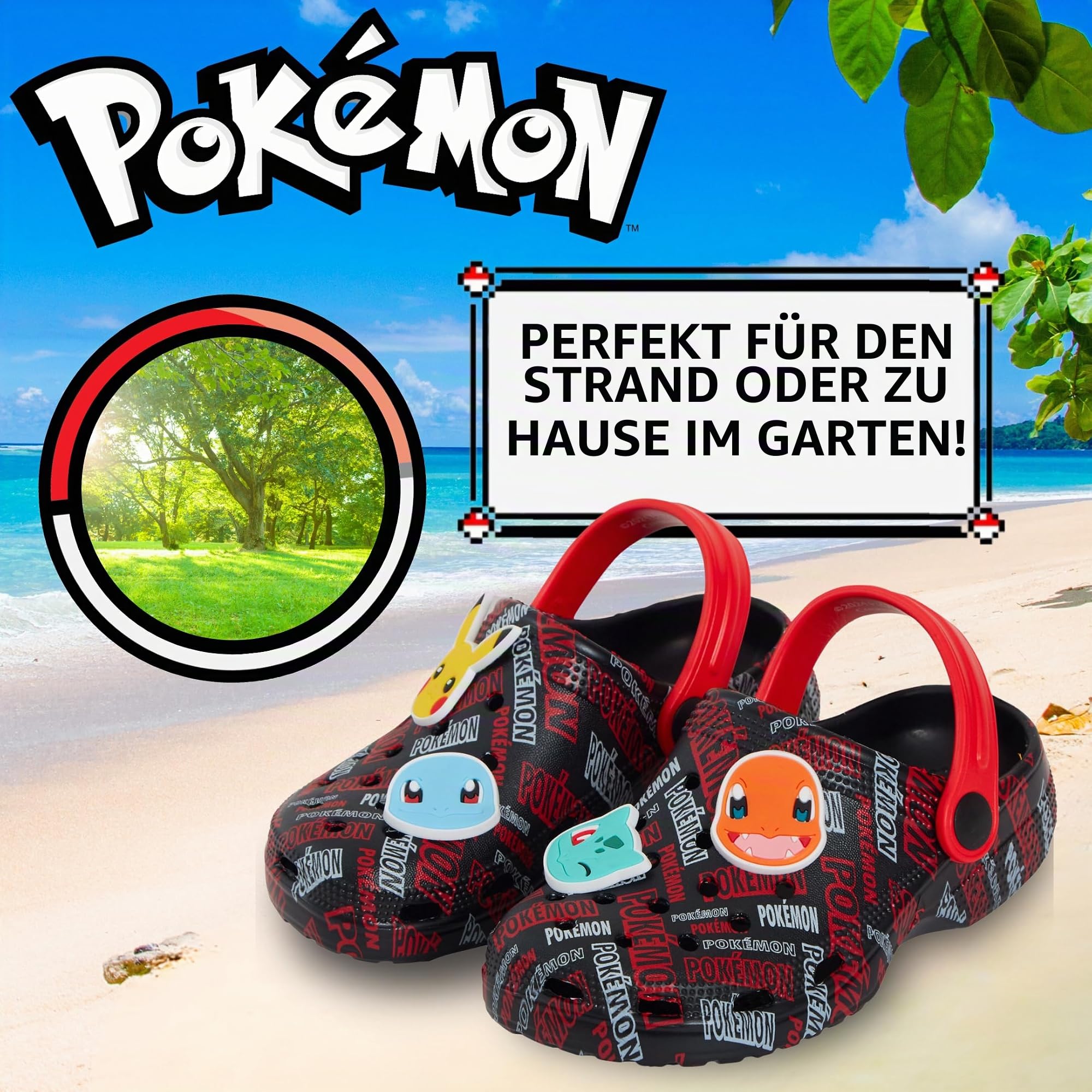 Pokémon Clogs Charms Pokeball, Sandalen für Mädchen und Jungen, Sommerschuhe für Kinder mit Knöchelriemen, Strandschuhe für den Urlaub