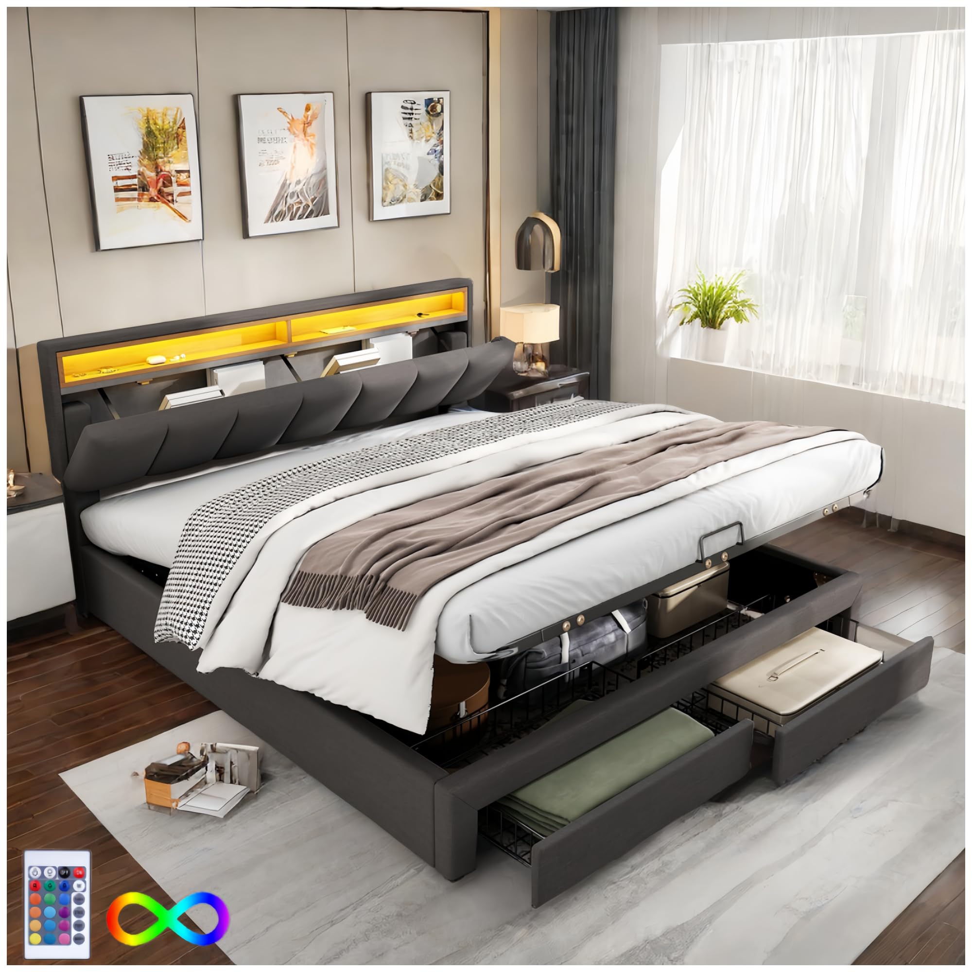 Lubvtti Cama Acolchada con iluminación LED y cabecero contenedor, Cama de Matrimonio con cajones,Cama con almacenaje 180 x 200 cm,Estructura Cama con somier de láminas, Lino, Gris