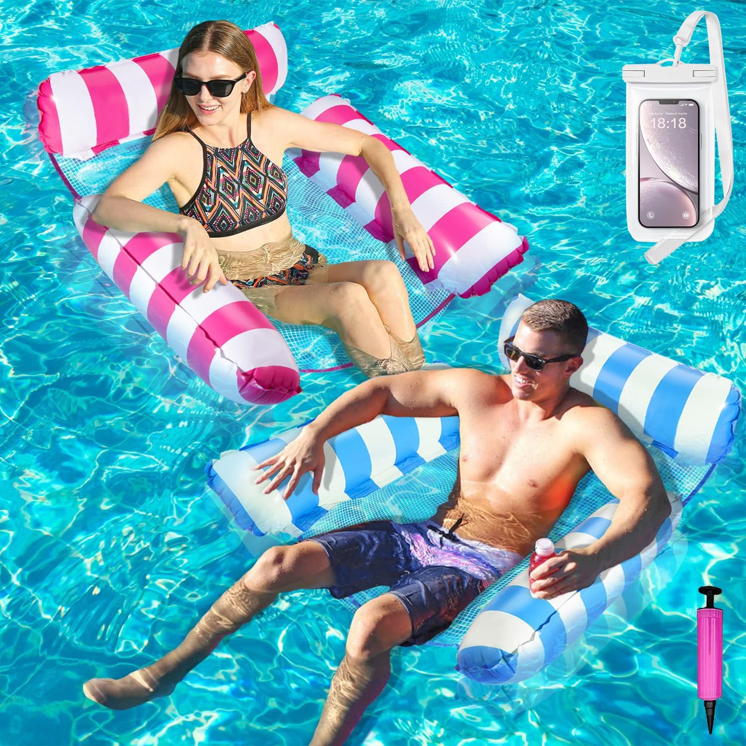 MCSWKEY 2 Piezas Hamaca de Agua Inflable, 4 En 1 Flotador Piscina de Plegable con Bomba de Aire, Salón Flotante, Hamaca Flotante para Piscina para Alberca (3 Válvulas Azul y Rosa)