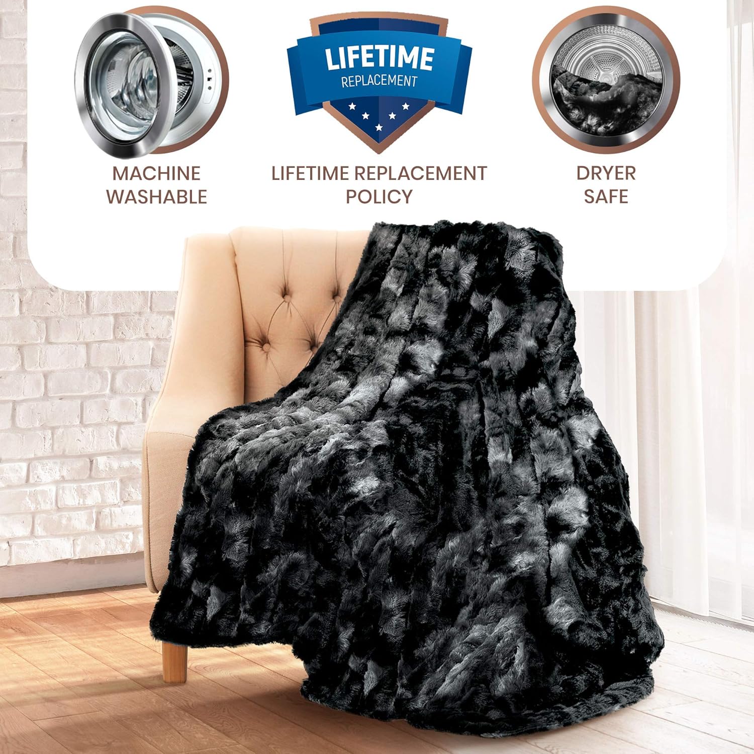 Everlasting Comfort Luxury Faux Fur Throw Blanket - Soft, Fluffy, Warm, Cozy, Plush (Black) : Home & Kitchen