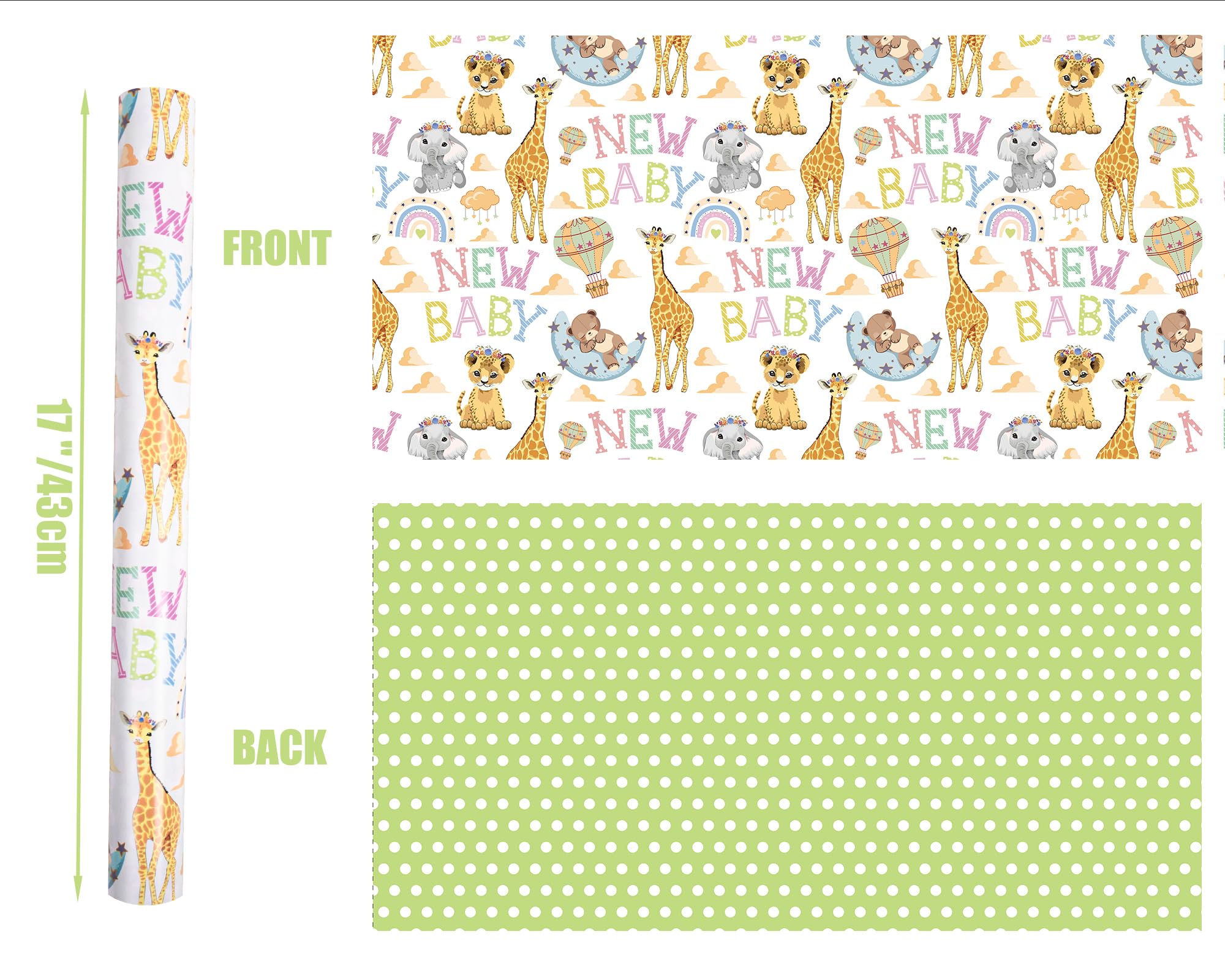 Altarho Papel de regalo reversible para baby shower para niños y niñas, 17 pulgadas x 33 pies, animales de jirafa león y nuevo diseño de bebé para baby shower, fiesta, cumpleaños, vacaciones