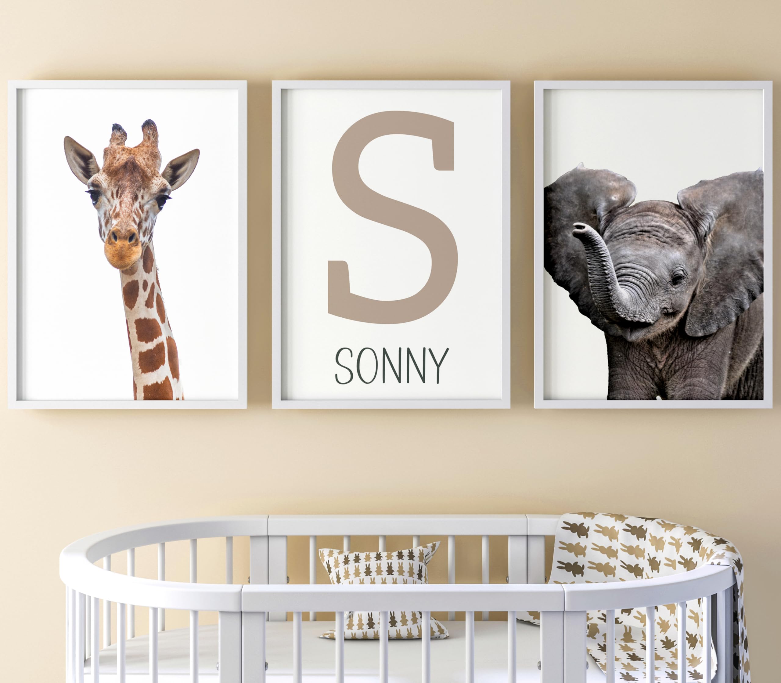 Realistic Safari Animals Baby Girl or Boy Nursery Bedroom Set of 3 Unframed Prints, Personalised Name, Nursery Playroom Jungle Wall Art Decor, Giraffe Elephant Lion Zebra Panda Koala (A4) — image 1