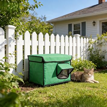 Outdoor Cat House, Waterproof Ventilated Pet Shelter with Removable Heating Pad, Weatherproof Feral Cat House for Outside, PVC Door & Sun Protection, Green