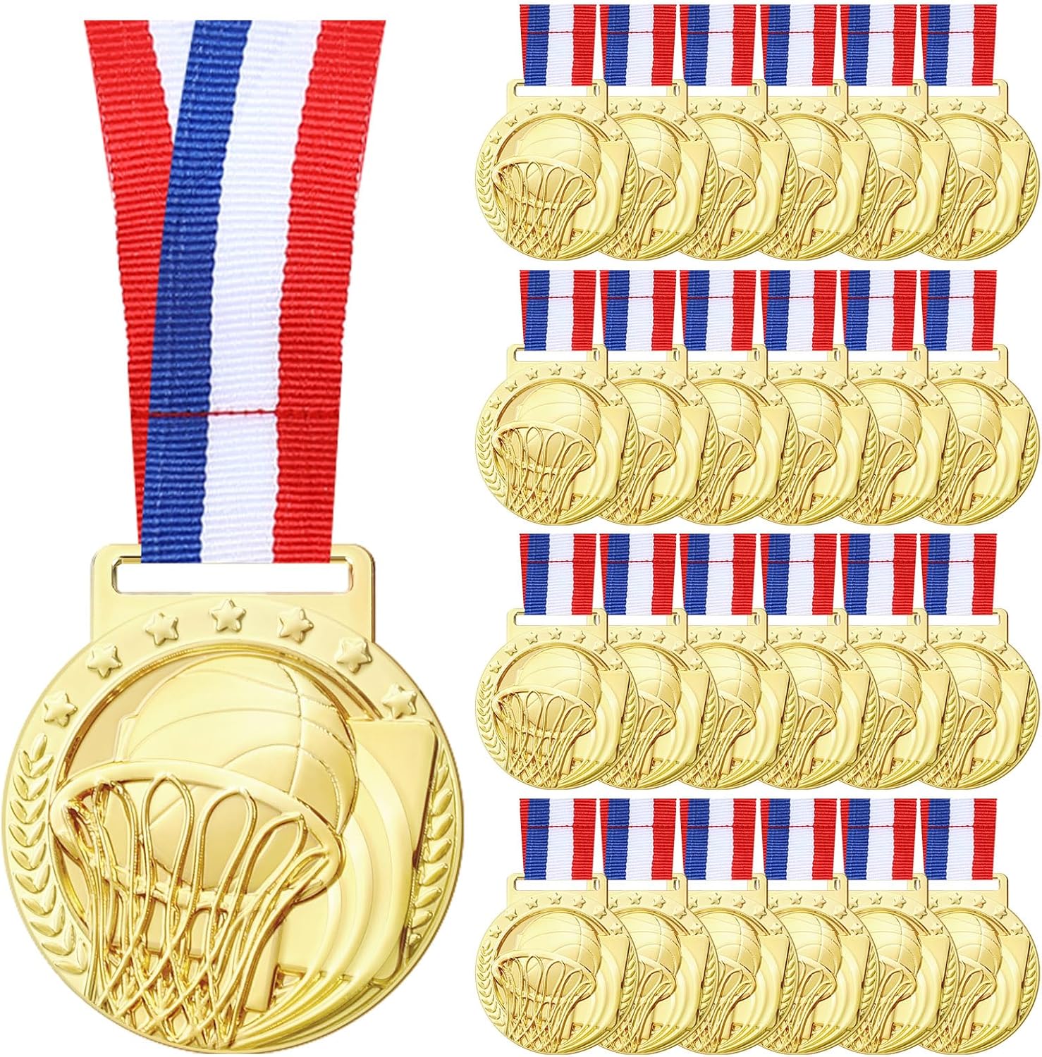 Cunno 24 Pcs Gold Award Medals 2'' Basketball Soccer Medals with Ribbon Trophy Awards for Sports Team Competition Participation Winner Gift
