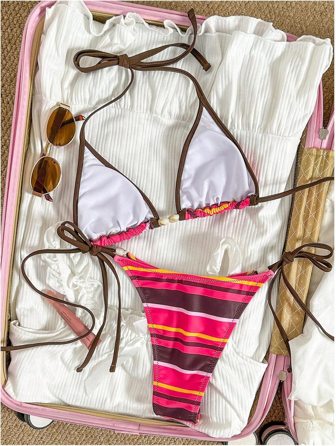 MakeMeChic Women's Striped Bikini Sets Halter Triangle Tie Side Thong 2 Piece Swimsuits
