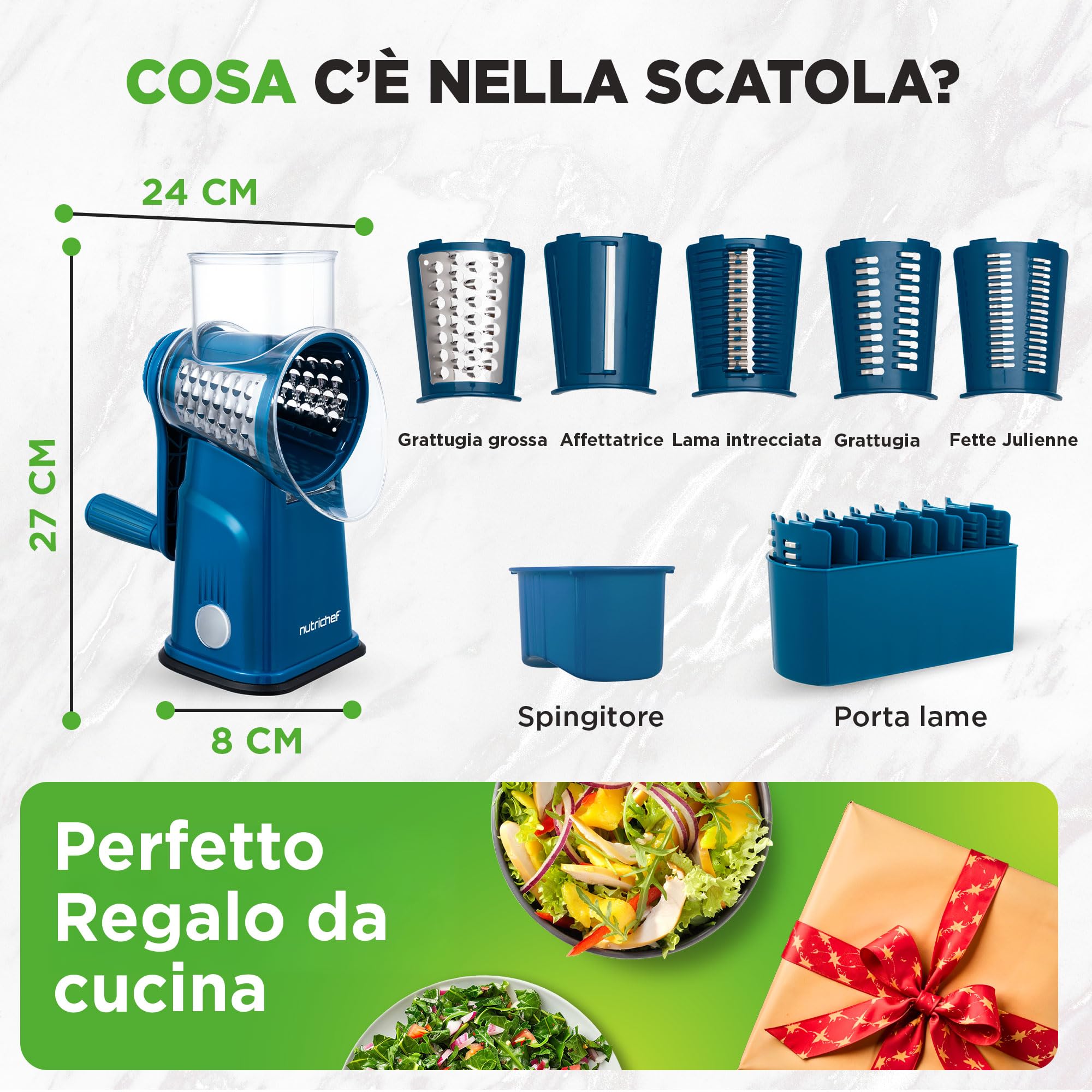 NutriChef Mandolina per Verdure 5 in 1 e Grattugia Formaggio per Cucina, Affetta Verdure con 5 Lame Intercambiabili, Manovella, Base a Ventosa e Contenitore, Accessori Cucina, Blu
