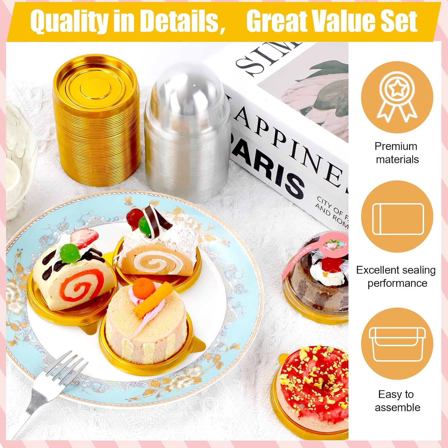 50Pcs Mini Cupcake Containers with Dome Lids and Stickers