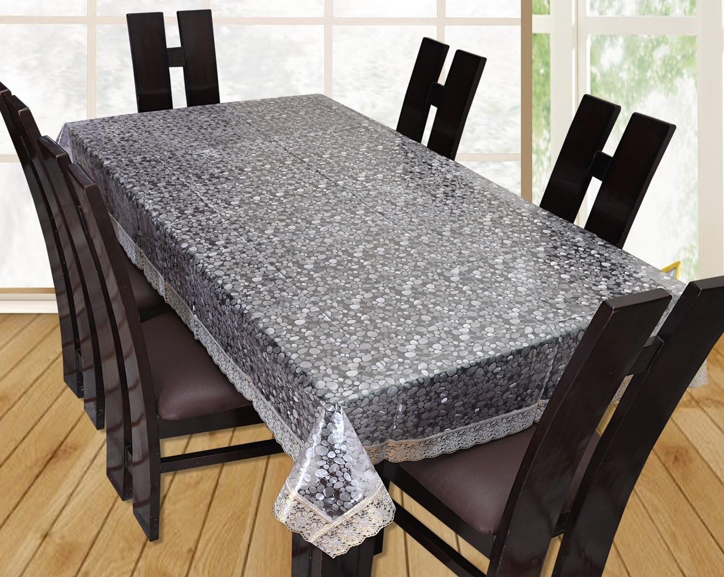 Tiollo 3D PVC Dinning Table Cover with Golden Lace - 6 Seater, Transparent (Gold, 60 x 90)