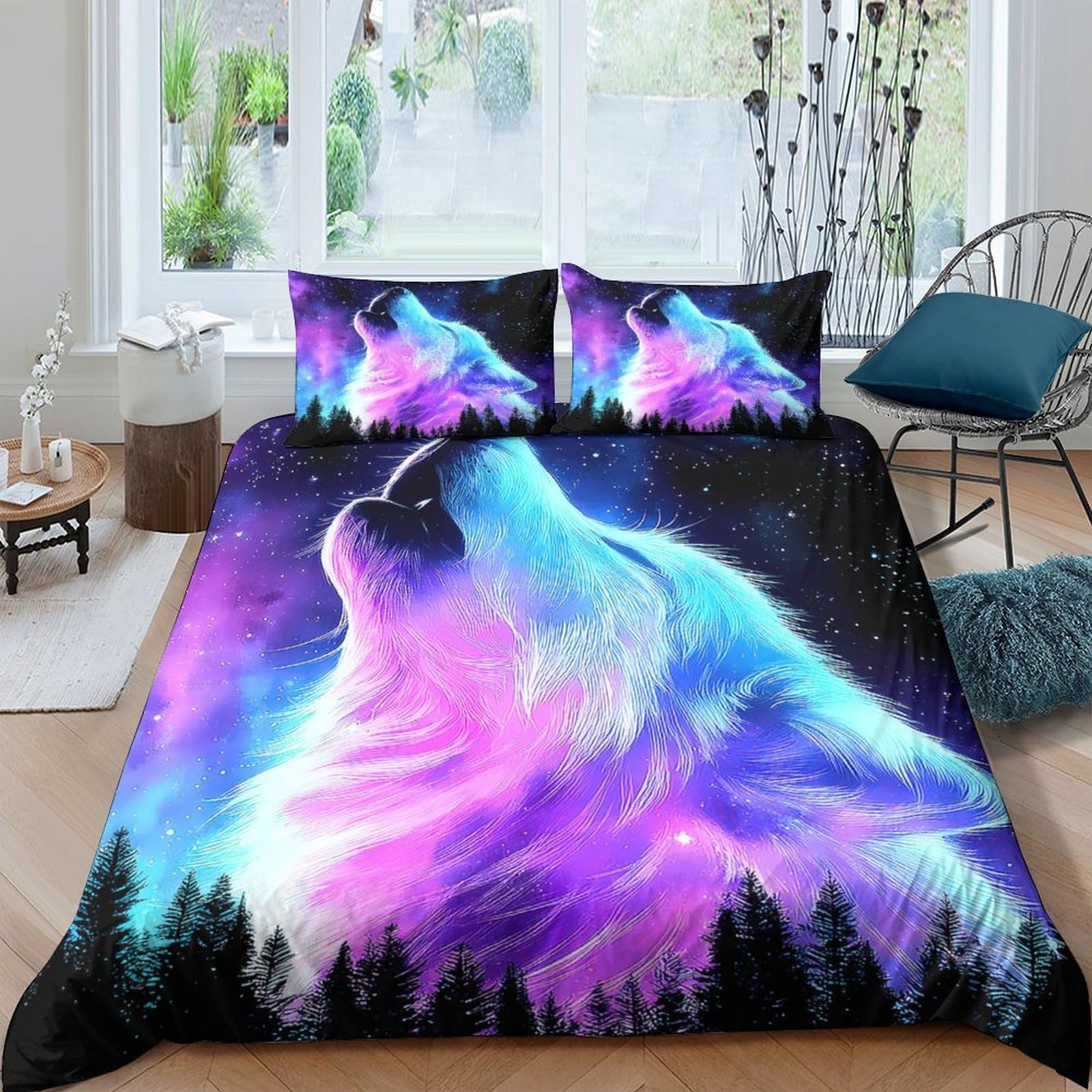 GPLZQXKJNH 3D Printed Wolf Aurora Duvet Cover Set Microfiber Soft Breathable Cosmic Night Bedding Set with 2 Pillowcases for Bedroom Home Decor Single（135x200cm）