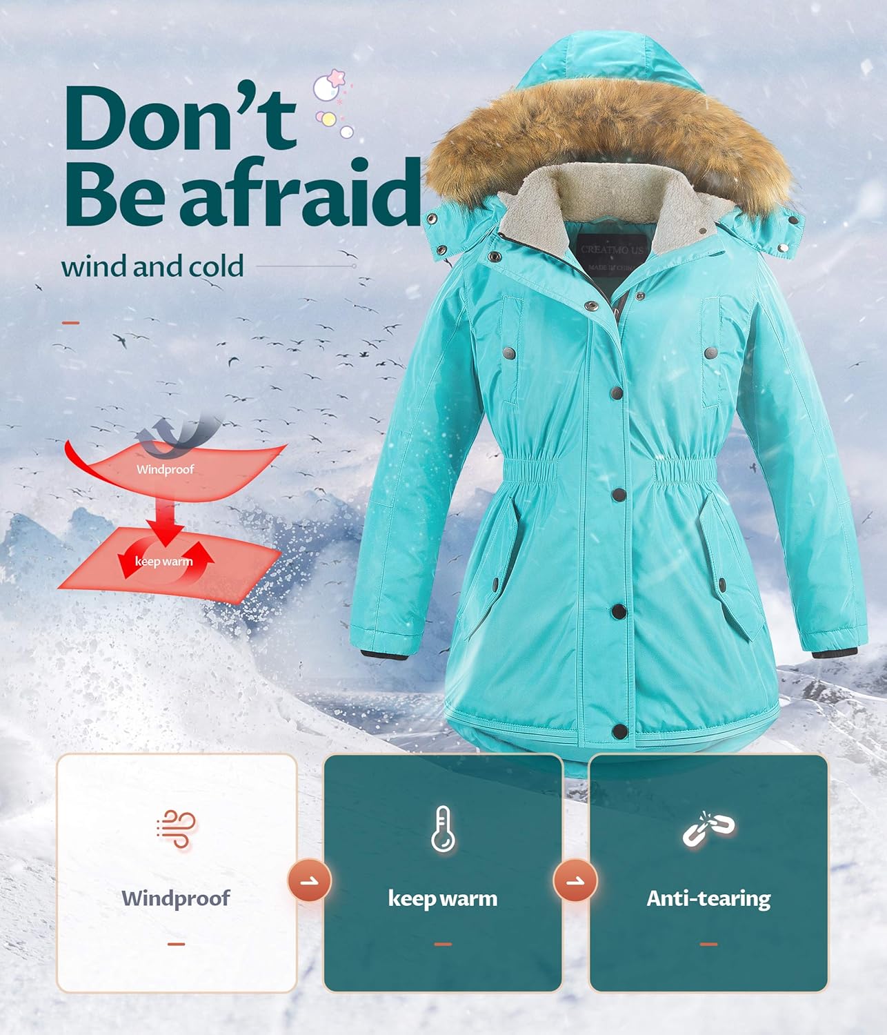 CREATMO US Girl's Long Winter Warm Parka Sherpa Trimmed Collar Puffer Ski Jacket Coat: Clothing, Shoes & Jewelry