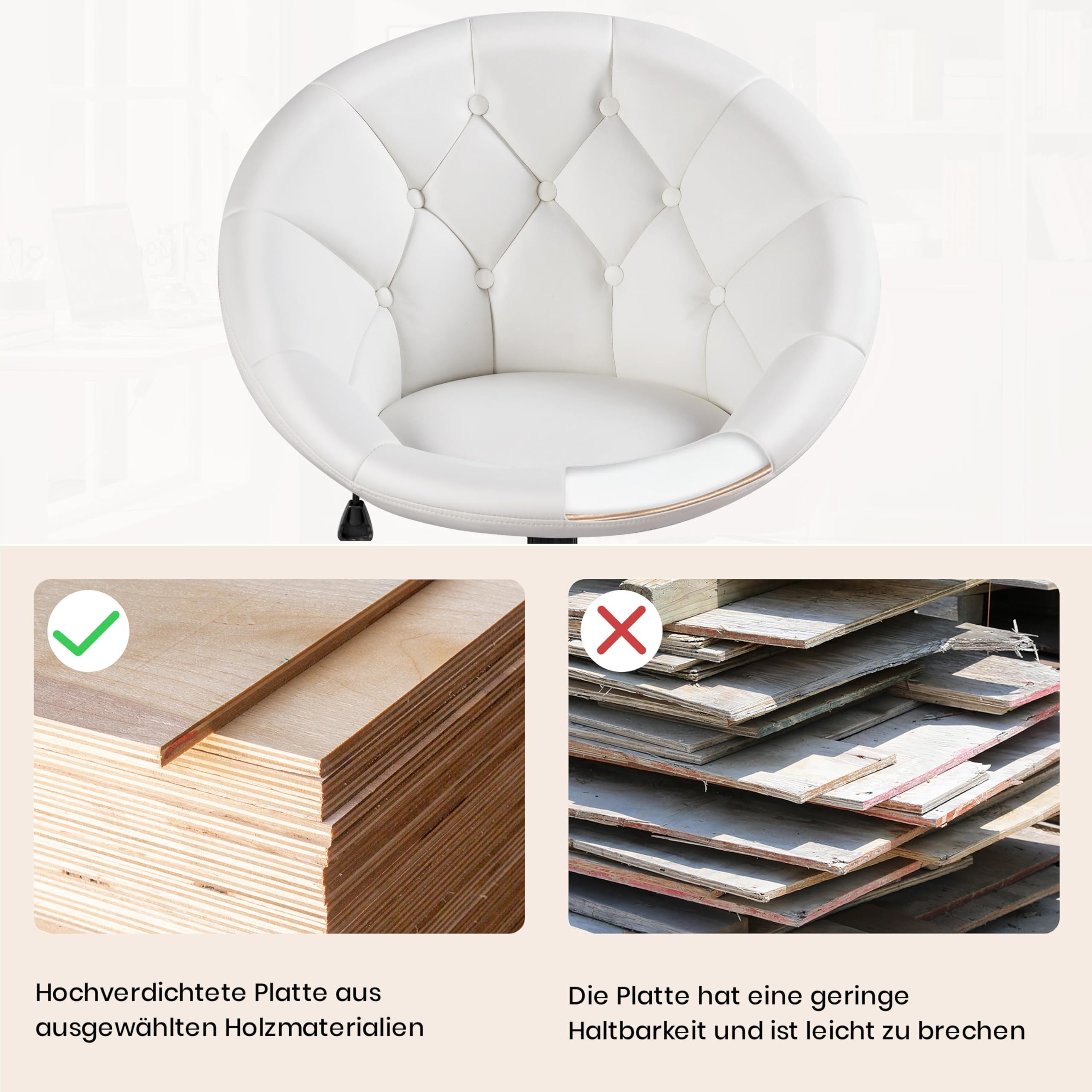 Yaheetech Schreibtischstuhl Runder Schminktisch Stuhl aus Kunstleder, Weiß | Bürosessel, höhenverstellbar Drehstuhl, Homeoffice Stuhl mit Rollen, bis 136 kg belastbar, für Arbeitszimmer, Schlafzimmer