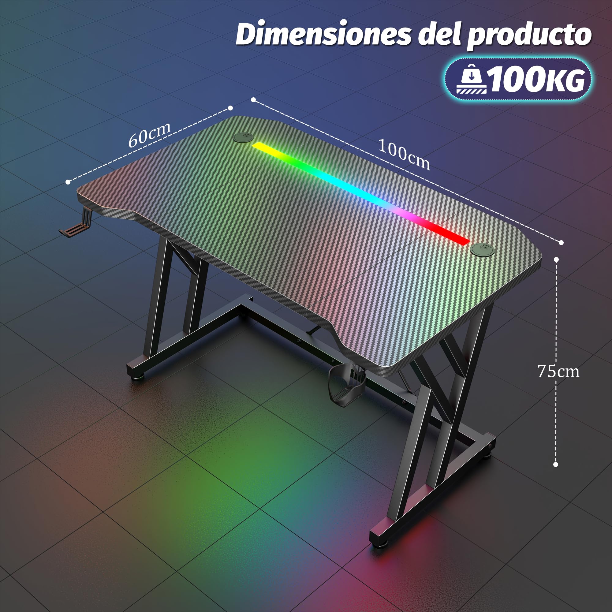 Escritorio Gaming LED 100 x 60 cm, Mesa de Ordenador con Banda RGB, Escritorio Gamer de Fibra de Carbono Ergonómicas, con Portavasos y Gancho para Auriculares, Negro